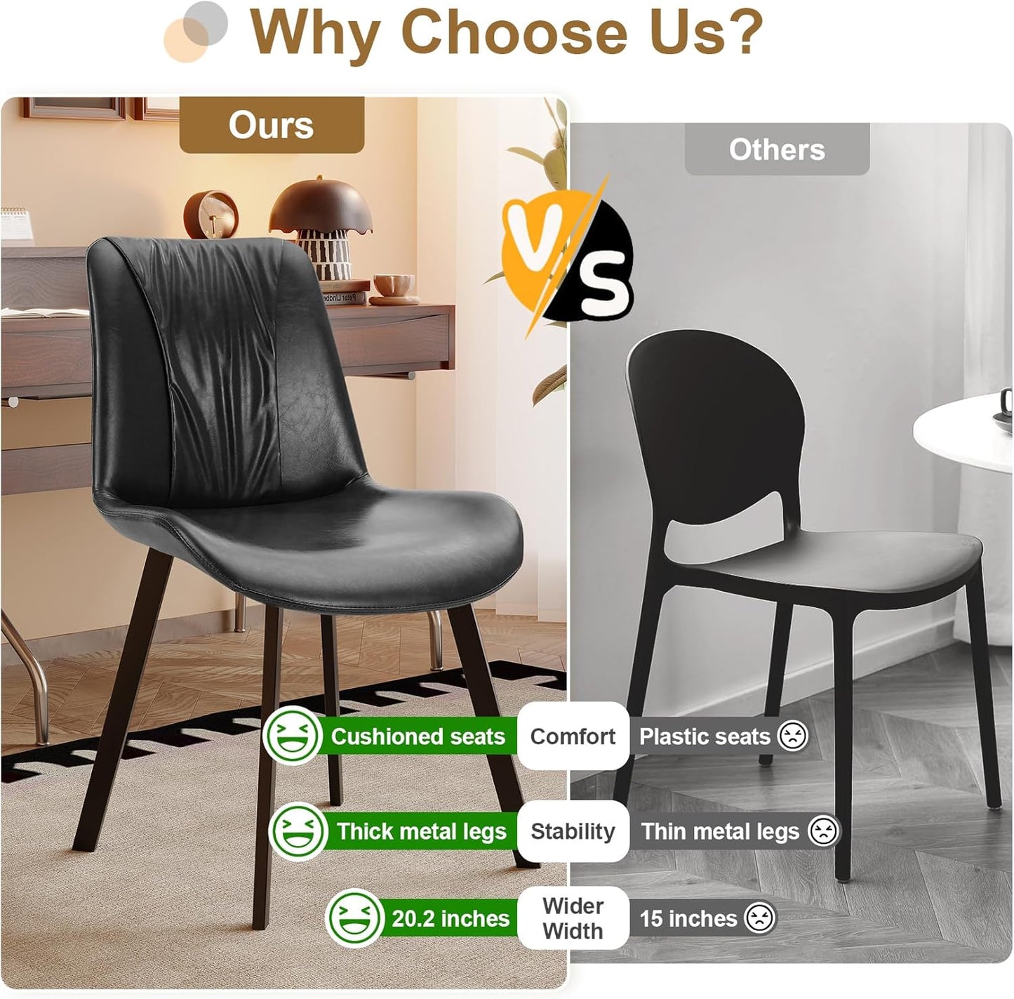 Upholstered Dining Chairs Set of 2, Modern Kitchen & Dining Room Chairs, Faux Leather, Sturdy Metal Legs, for Living Room, Cafe & Restaurant- Black