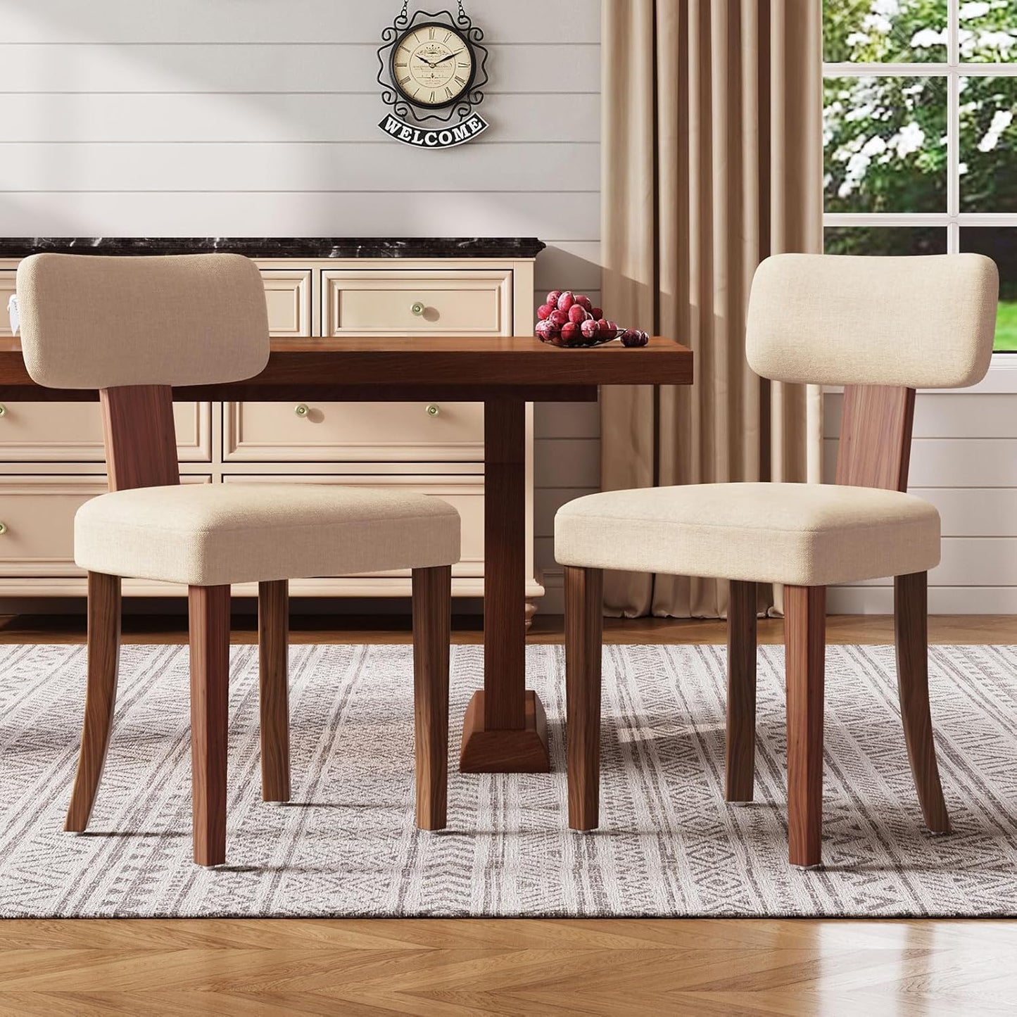 Mid Century Modern Dining Chairs Set of 2, Linen Upholstered Kitchen Chairs with Curved Backrest & Adjustable Legs for Living Room/Bedroom/Lounge, Easy to Install, Beige Linen