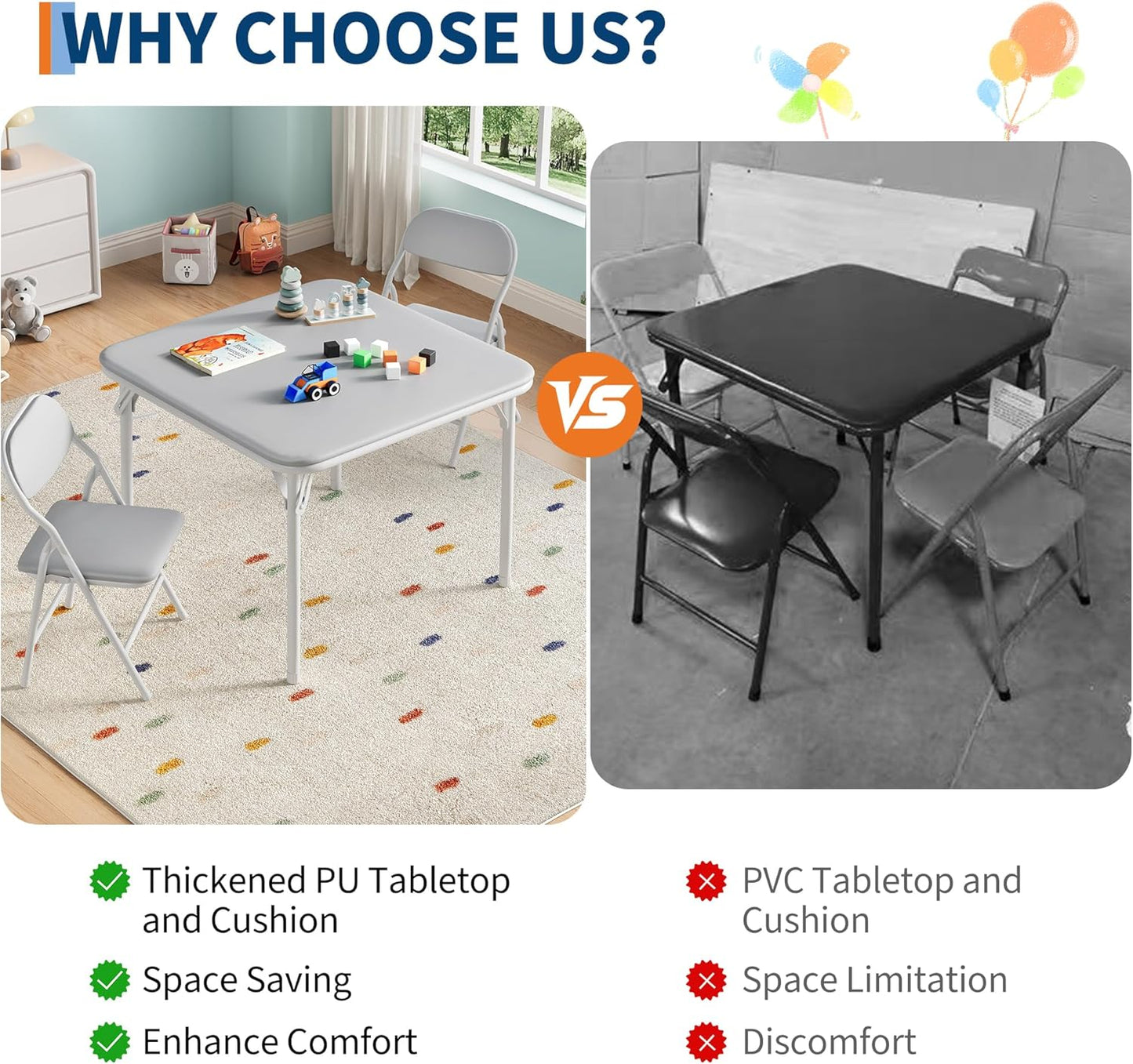 GarveeHome 3-Piece Kids Folding Table and Chairs Set, Toddlers Children's Activity Table and Chairs Set for Dining Room,Daycare,Classrooms