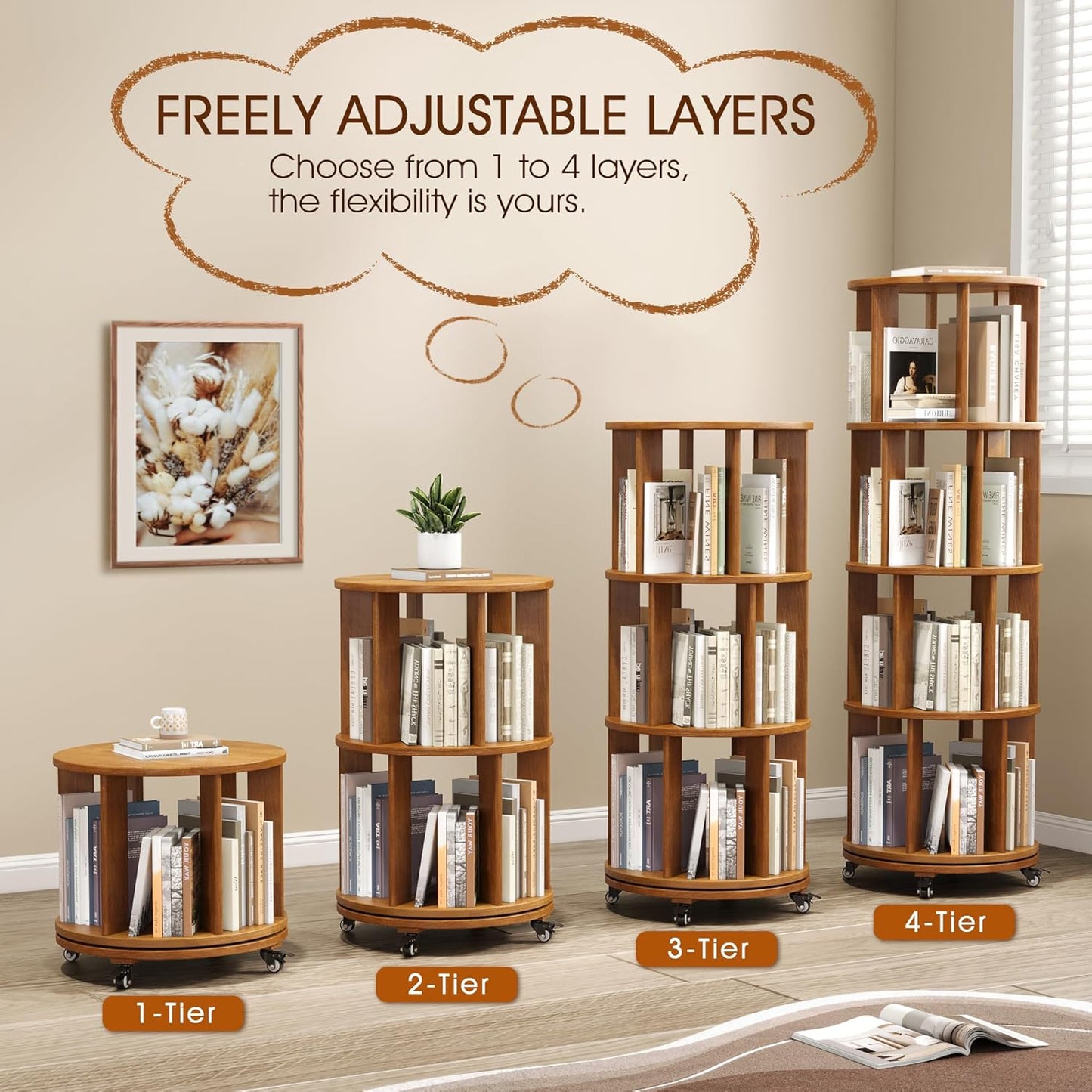 4 Tier Rotating Bookshelf Tower, 360 Spinning Bookcase Carousel with Lockable Wheels, Round Lazy Susan Organizer for Corner Bookshelf, Solid Wood Revolving Bookcase for Kids Room, Bedroom, Living Room