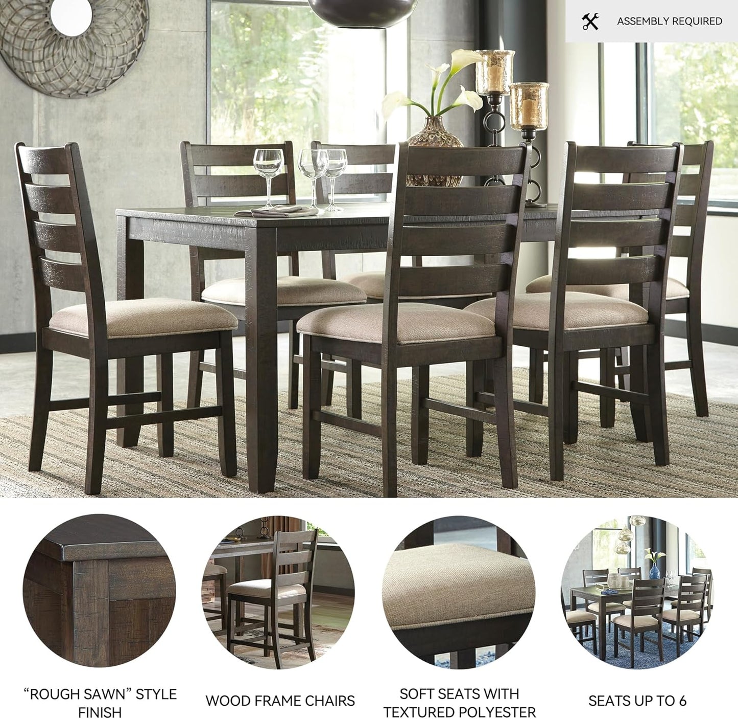 Signature Design by Ashley Rokane 20" Dining Room Table Set with 6 Upholstered Chairs, Brown