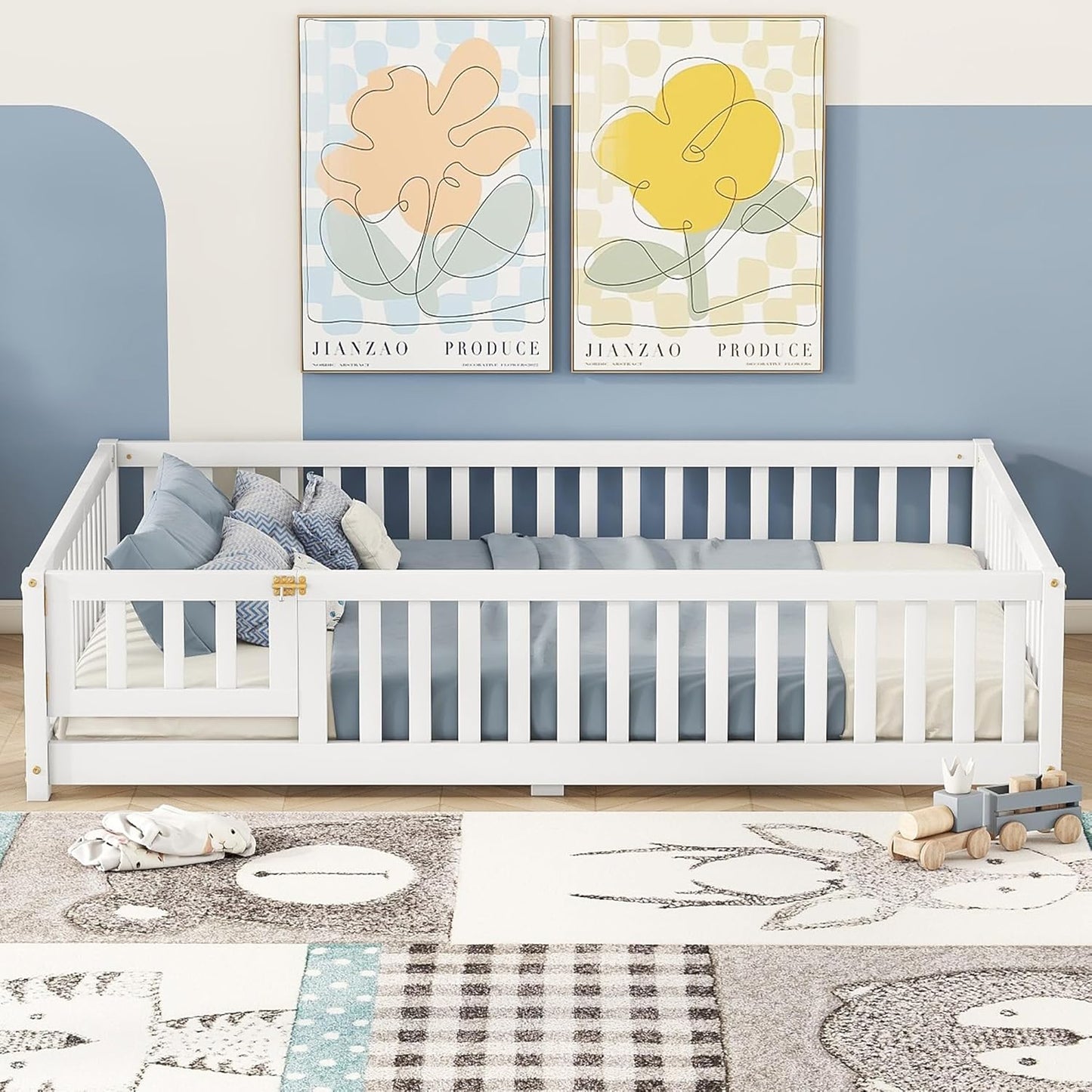 Bellemave Full Floor Bed with Slats and Safety Guardrails, Kids Montessori Floor Beds with Fence and Door, Easy Assemble Floor Bed for Kids, Girls, Boys, White