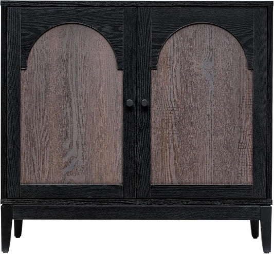 Sango Arch 2-Door Accent Cabinet, Modern Black & Brown Storage Cabinet with Elegant Arched Doors, Adjustable Shelf, Sturdy Wooden Legs, Stylish Furniture for Living Room or Office Room