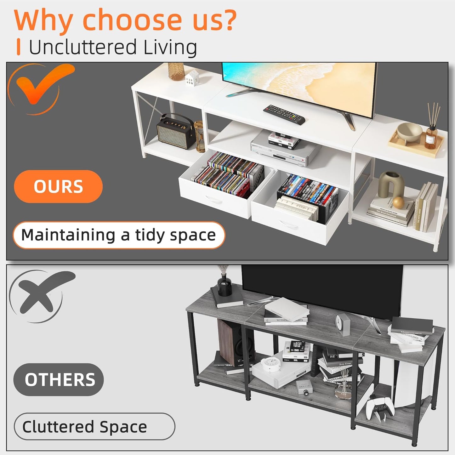 TV Stand with Fabric Drawer for 65 70 75 Inches TV - Entertainment Center and Industrial TV Console Table with Open Storage Shelves for Living Room, Bedroom - 63" White