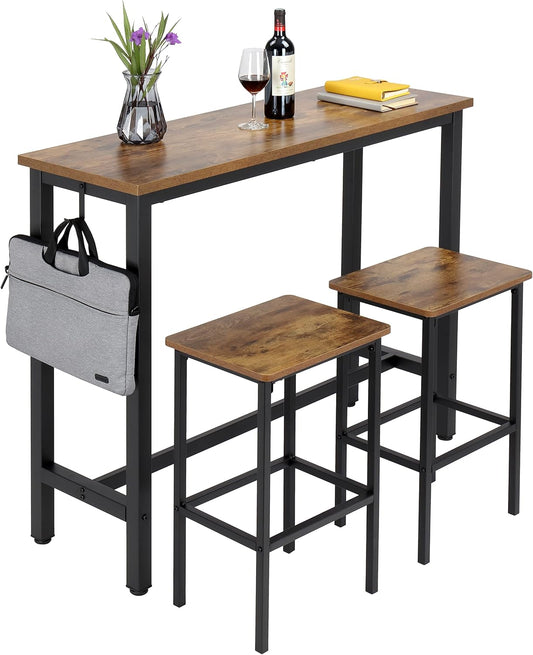 Finnhomy 47" Industrial Bar Table Set with 2 Stools - Counter Height Dining & Pub Table for Small Spaces, Kitchen, Apartment, Breakfast Nook - Metal & Wood, Space-Saving Furniture - Rustic Brown