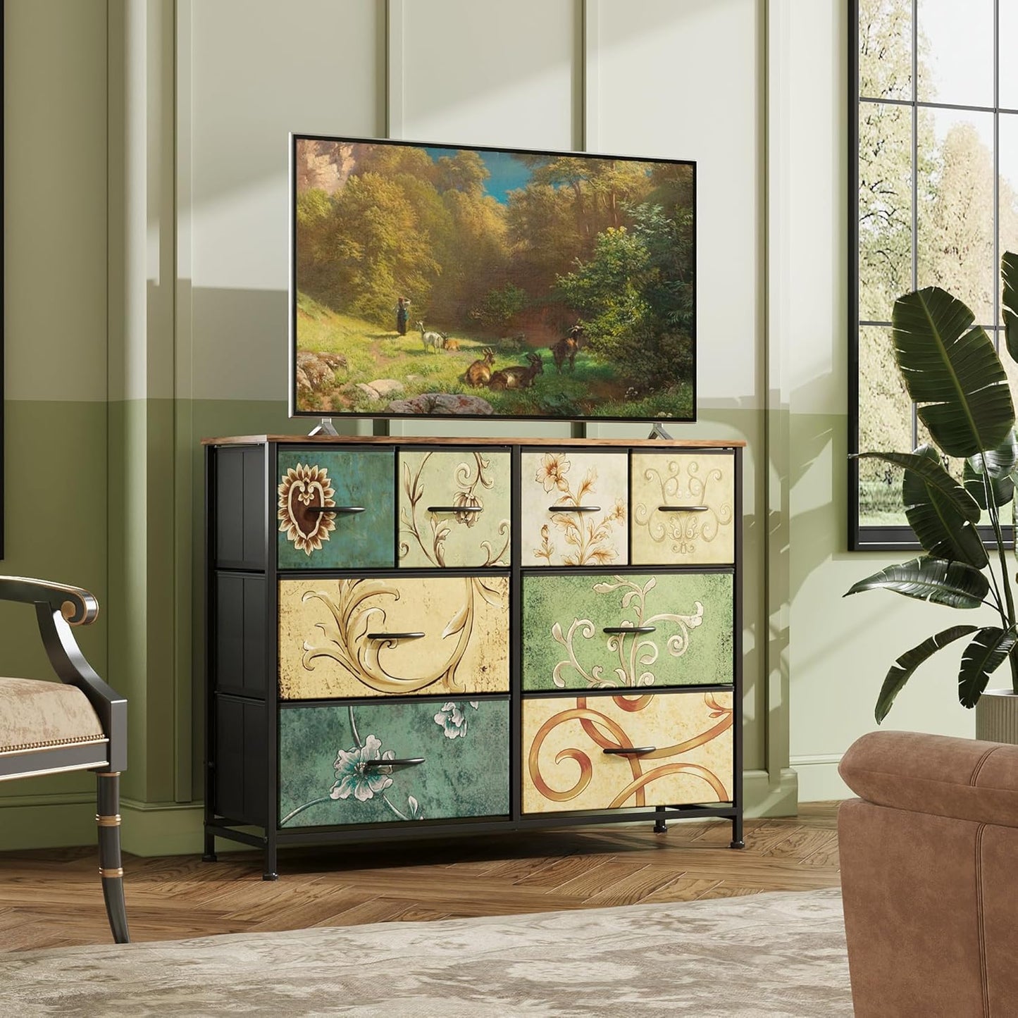 WLIVE 8 Drawer Dresser for Bedroom, Wide Fabric Dresser Storage Organizer, Chest of Drawers with Wood Top, Sturdy Steel Frame, Dressers for Living Room, Closet, Hallway, Floral Painted