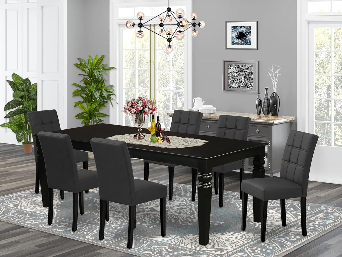 East West Furniture LGAS7-BLK-12 7 Piece Dinner Table Set Contain A Dining Table and 6 Dark Gray Polyester Fabric Person Chairs with Stylish Back- Black Finish