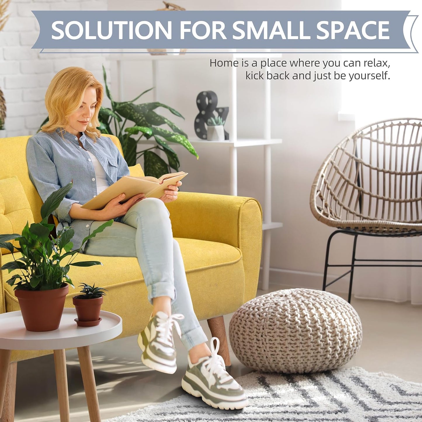 Shintenchi 47" Small Modern Loveseat Couch Sofa, Fabric Upholstered 2-Seat Sofa, Love Seat Furniture with 2 Pillows, Wood Leg for Small Space, Living Room, Bedroom, Apartment, Yellow