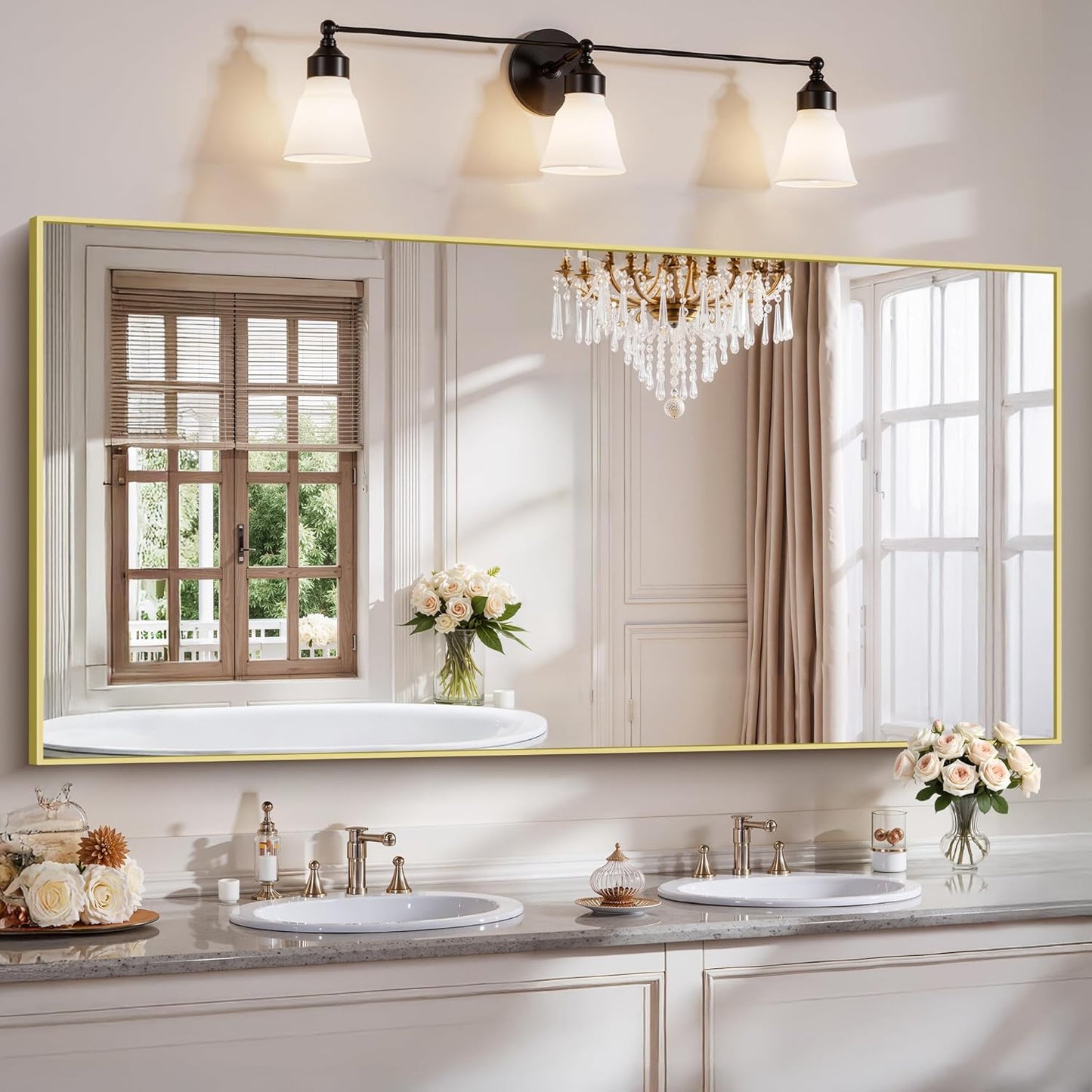 YIROMAN Bathroom Mirror 72"x36", Large Brushed Gold Bathroom Mirror for Over Sink with Aluminum Frame, Rectangular Vanity Mirror with Right Angle, Wall Mirror Hangs Horizontal or Vertical