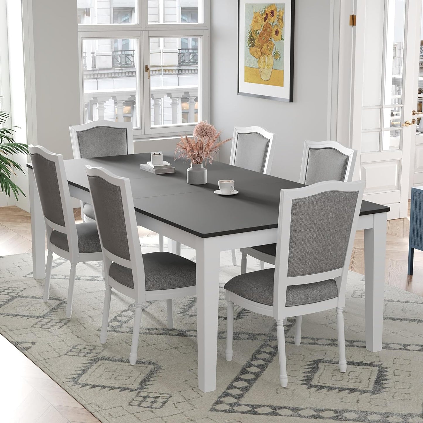 Merax Rustic 7 Piece 78.1inch Extendable Dining Table Set with 18inch Removable Leaf, 6 Upholstered Dining Chairs, 2 Built-in Drawers, Dark Gray+White