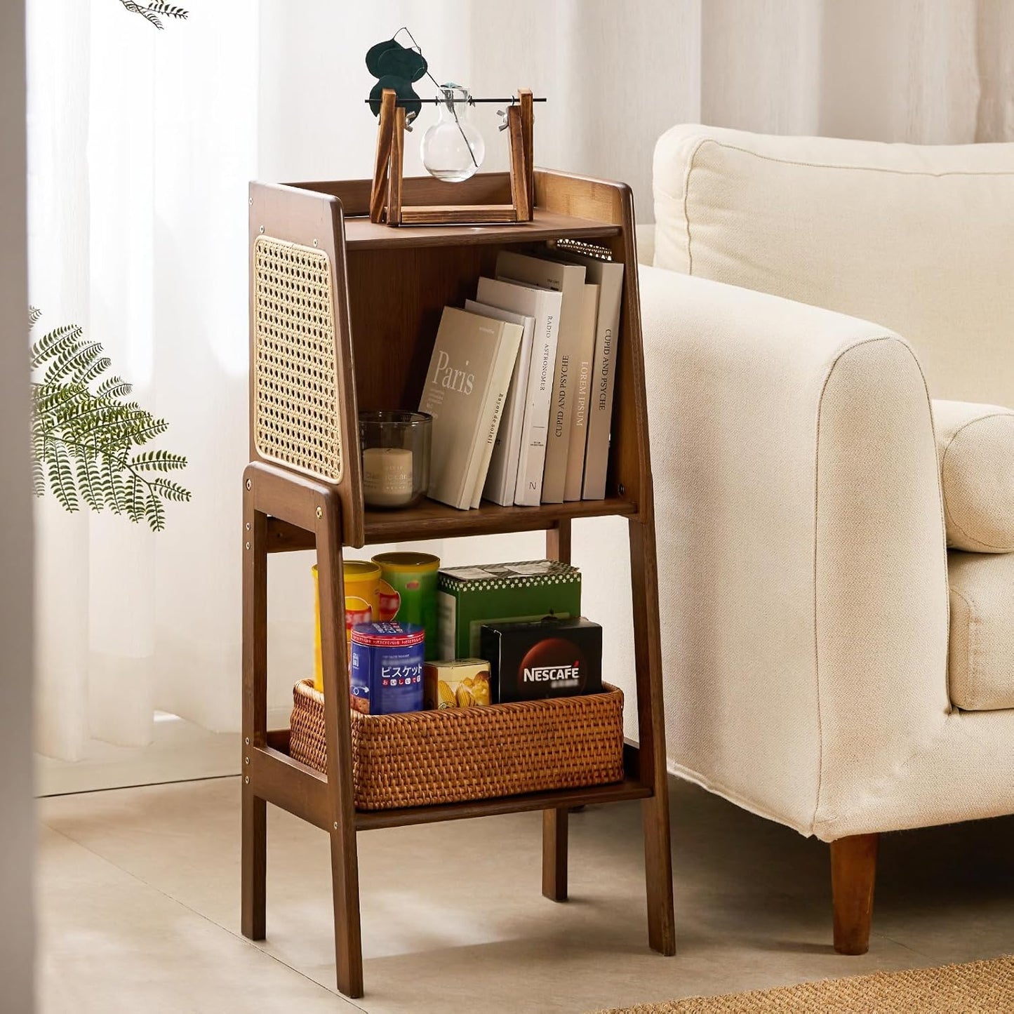 Welnow Bamboo Rattan Bookcase with Cabinet, 1-Tier Storage Shelf with Side Table & End Table Function, Large Modern Wood Organizer for Living Room or Bedroom, Walnut Bookshelf