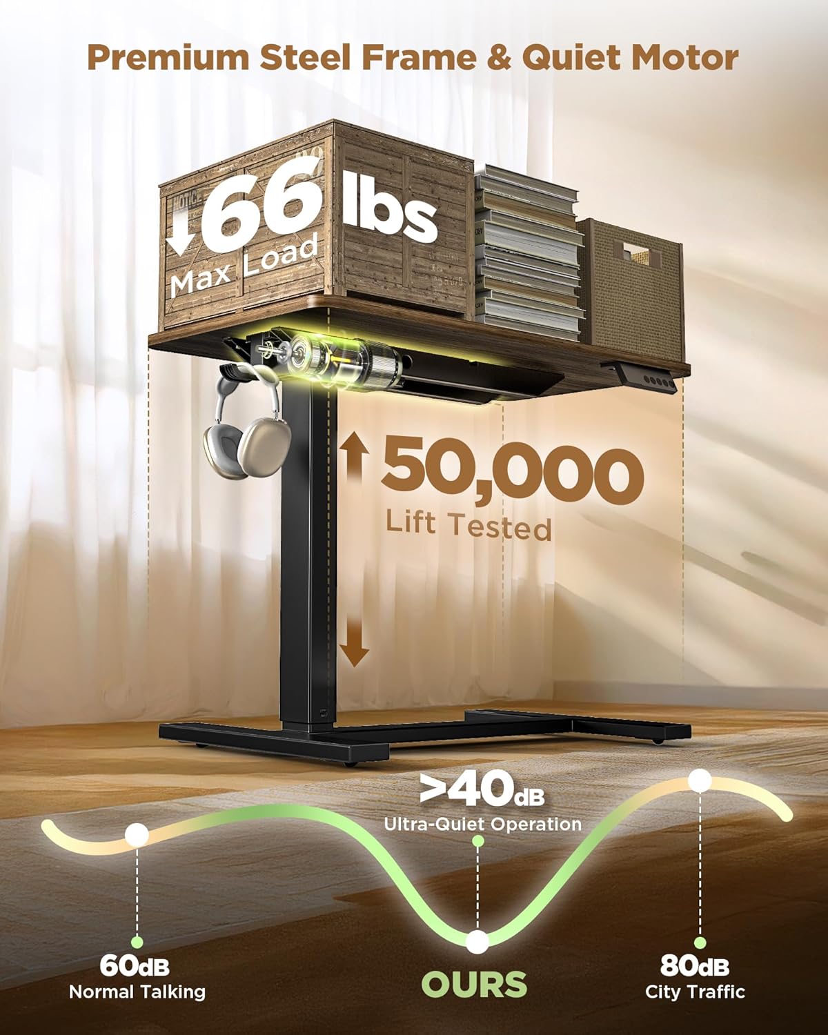 Electric Adjustable Height Standing Desk - Small Sit Stand Portable Rolling Laptop Table with Hidden Wheels, Small Computer Workstation for Bedside & Home Office Use (24"x16",Dark Walnut)