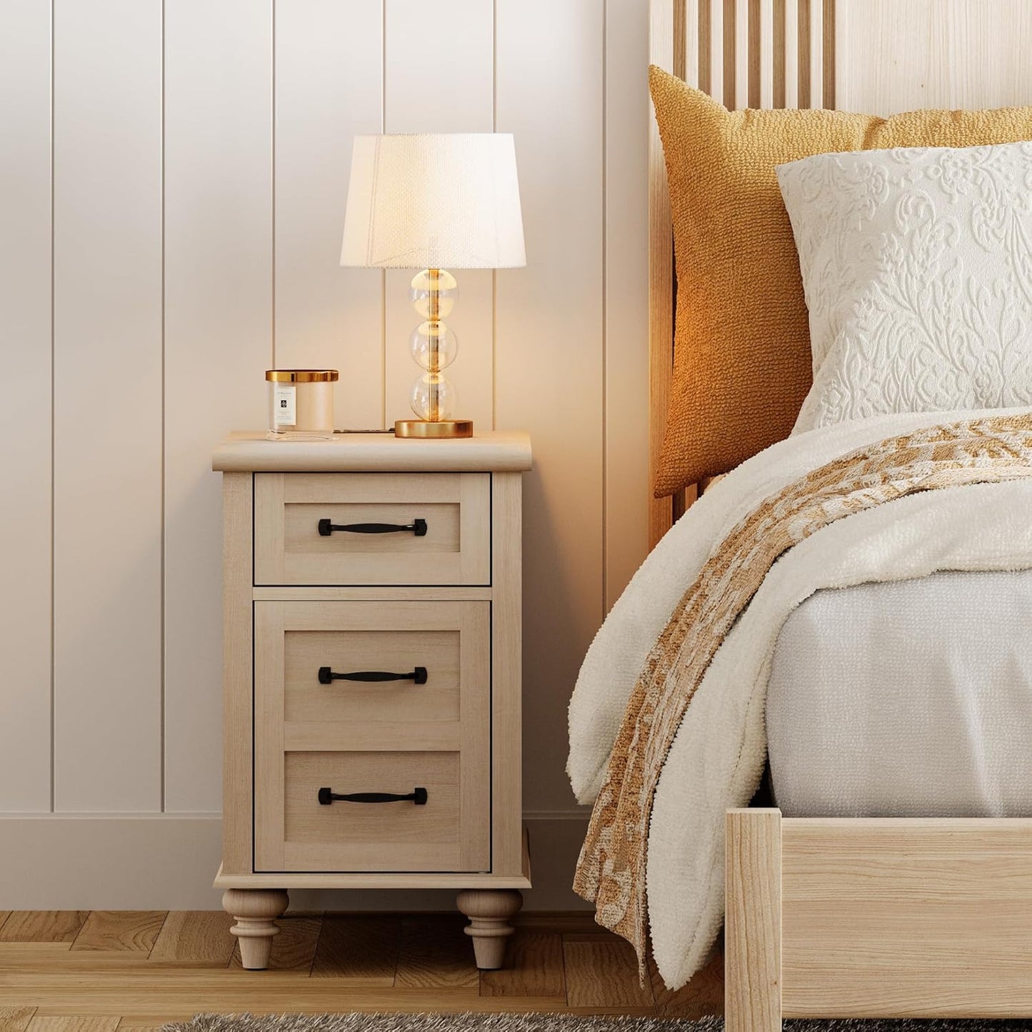 WAMPAT Beige End Table with Charging Station, Wooden Side Table with Storage Cabinet & Drawer, Elegant Nightstand with Power Outlets & USB Ports for Bedroom, Living Room