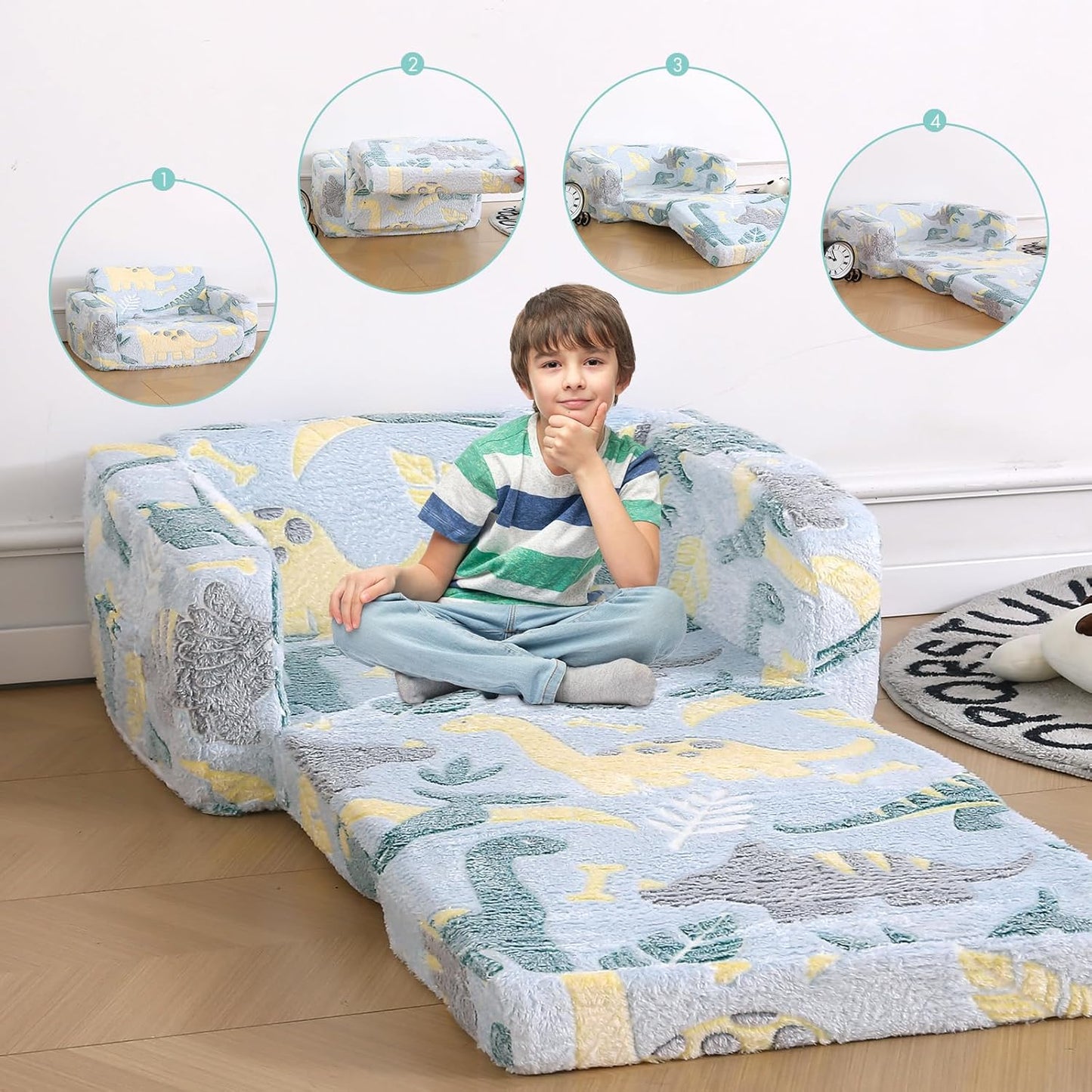 Foldable Kids Sofa Extra Wide for 2 Seats,Soft Kids Fold Out Couch Glow in The Dark,Convertible Sofa to Lounger Toddler Sofa Chair(Dinosaur)