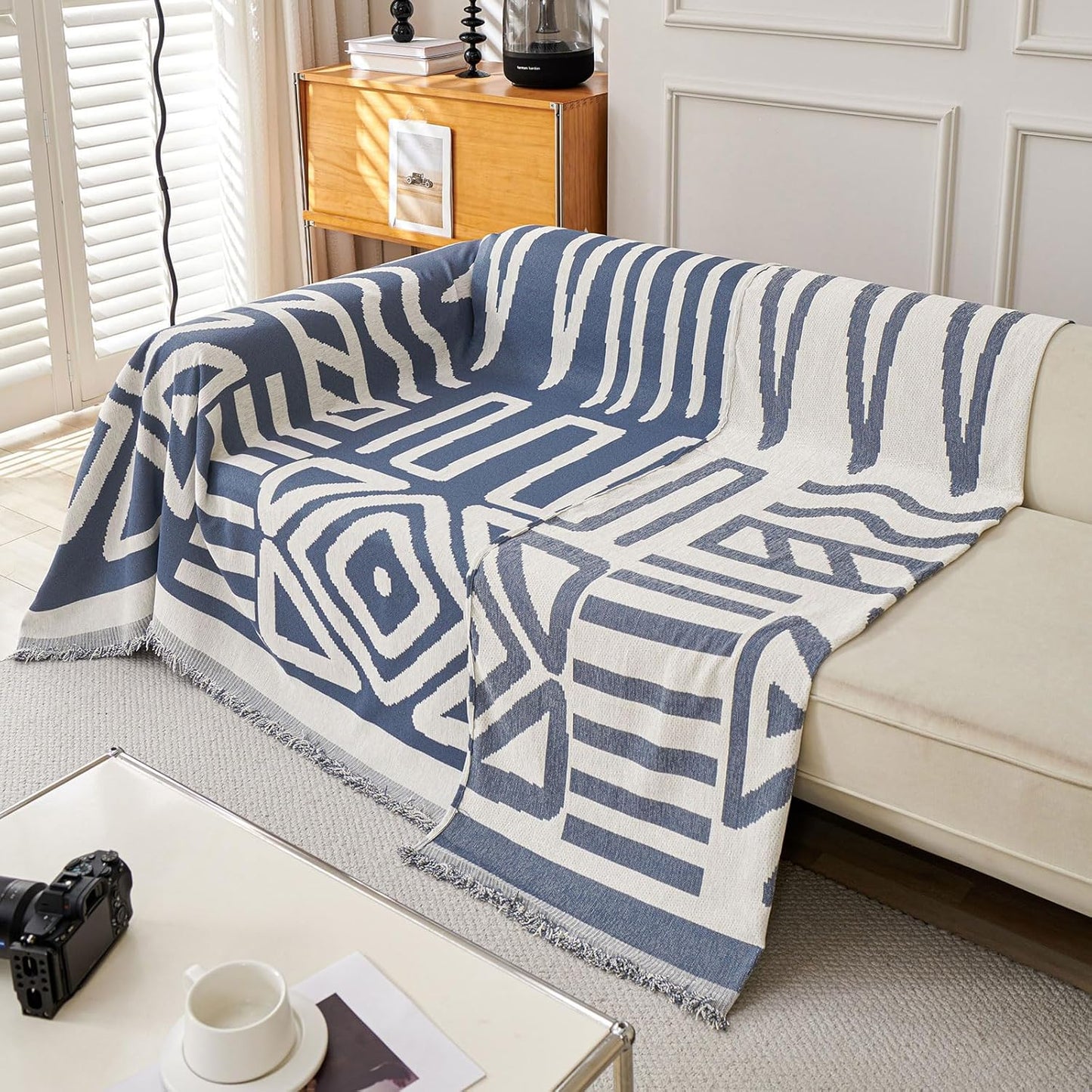 STACYPIK Reversible Boho Blue Beige Couch Cover for 2 Cushion Couch Sofa Cover for Dogs Anti-Scratch Furniture Protector Cover with Tassels for Pet Cat Non-Slip Loveseat Cover for Sectional-71X90IN