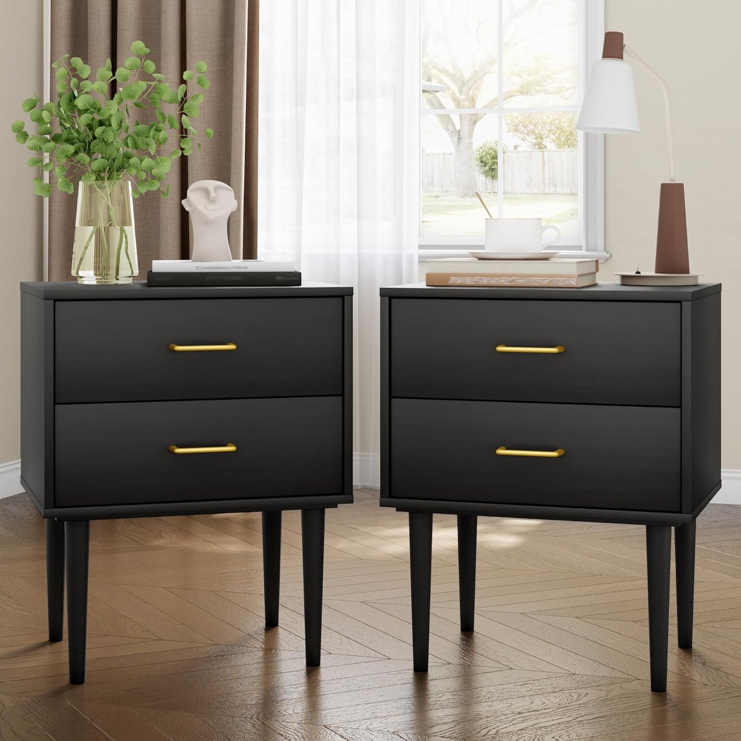 Smart FENDE 26 inch Tall Black Nightstand with 2 Drawers, ModernNight Stand Set of 2, Mid-Century Modern End Table, Wooden Bedside Table with Solid Wood Leg for Bedroom