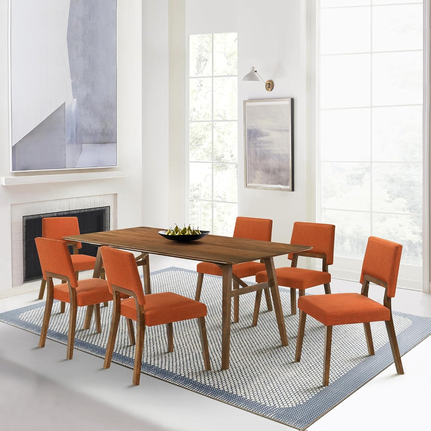 Armen Living Channell Mid Century Modern 7 Piece Walnut Wood Dining Table Set with Orange Fabric