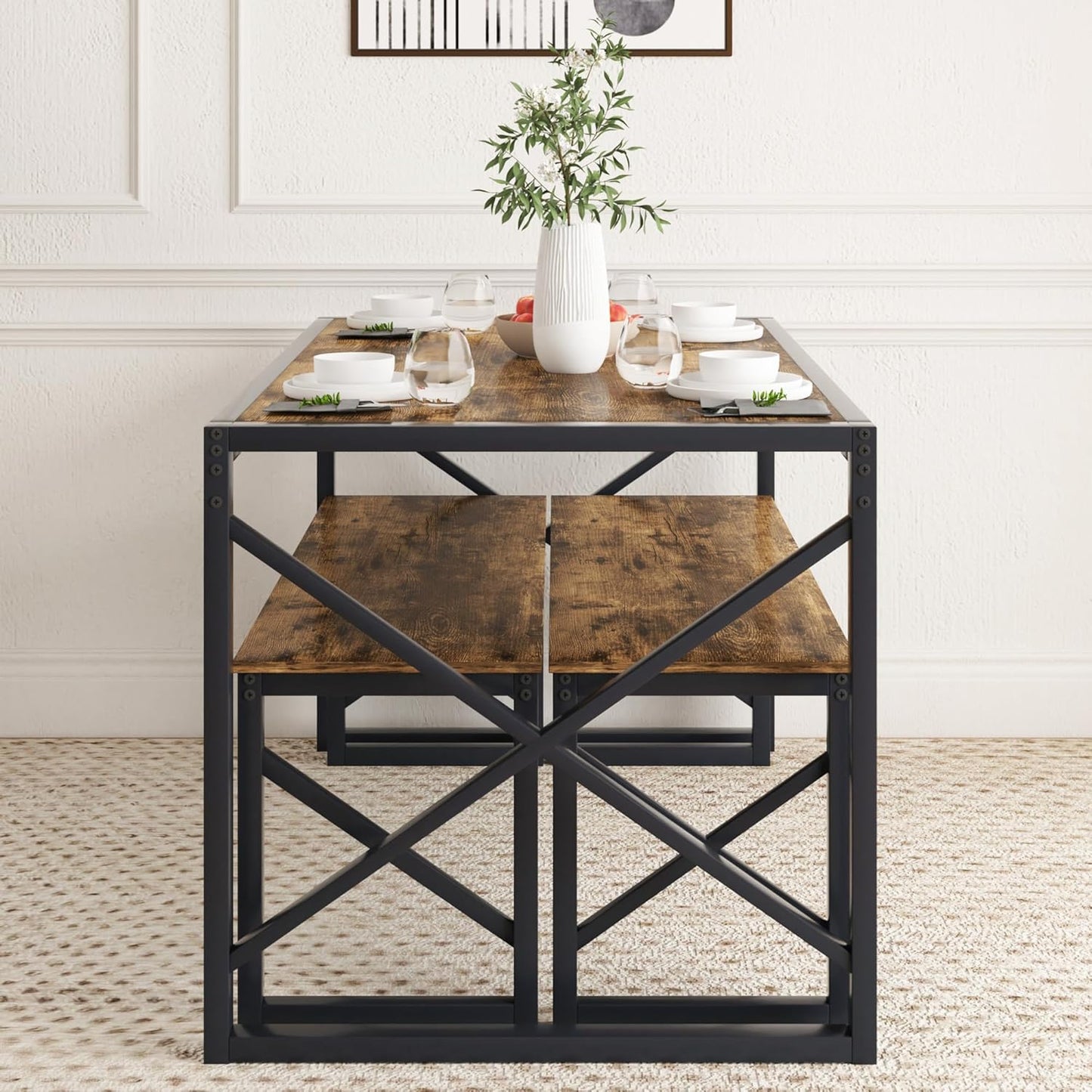 VECELO Kitchen Dining Table Set for 4 to 6, 55" Wood Dinette 2 Benches with Metal Frame for Dinner Breakfast Nook and Small Space, Brown