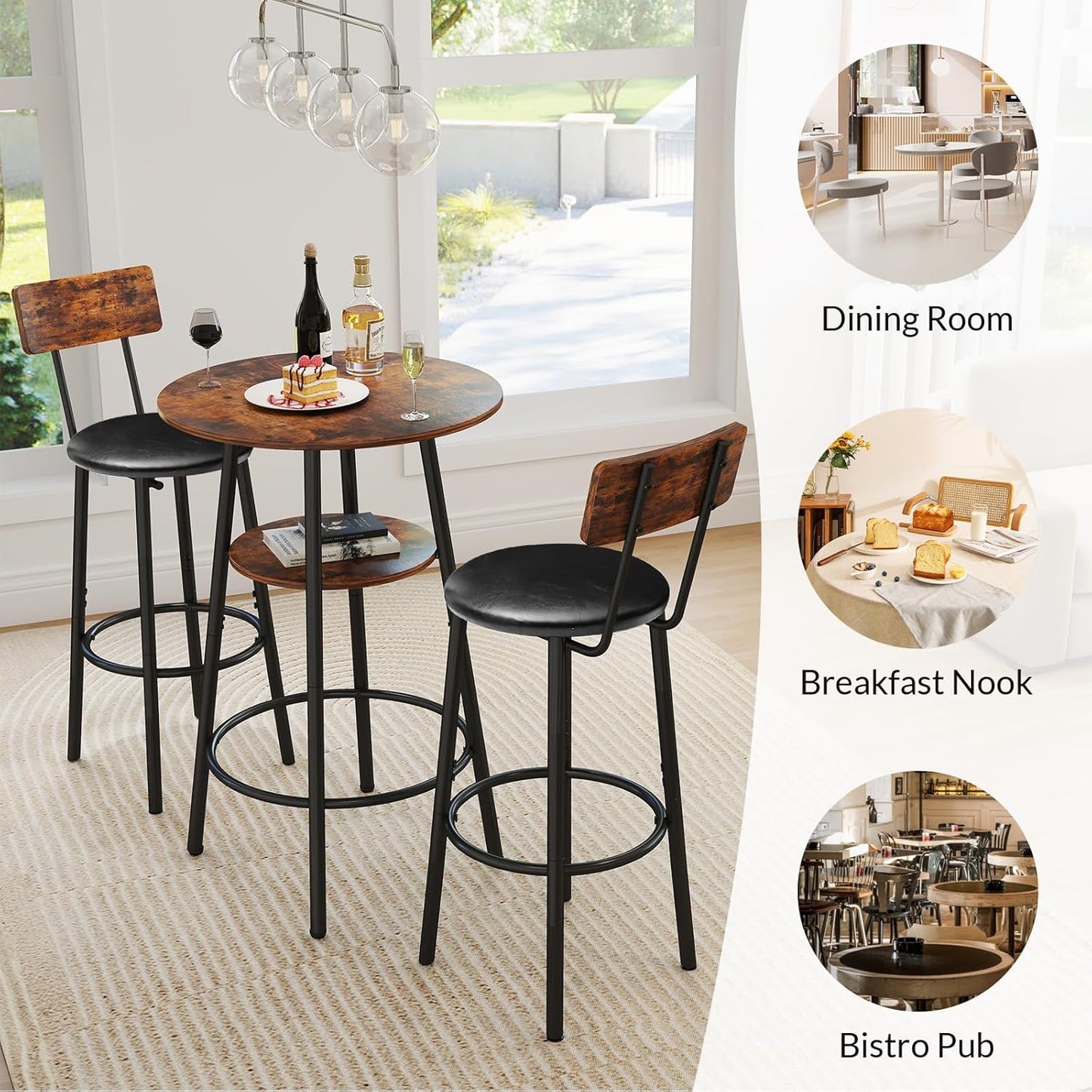 3 Pieces Round Bar Table and Chair Set, Small Dining Table for 2, Breakfast Table with Storage, Modern Kitchen Bar Table, 2 Upholstered Stools with Backrest for Dining Room & Bistro-Brown