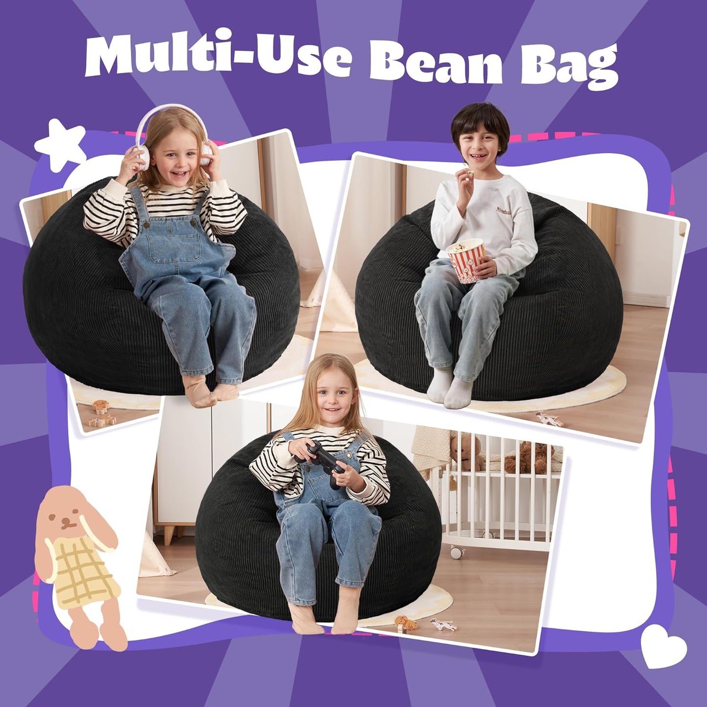 HABUTWAY 2 FT Bean Bag Chair,Giant Bean Bag Chairs,Big Bean Bags with Memory Foam Filled, Large Beanbag Chairs with Soft Corduroy Cover-Black