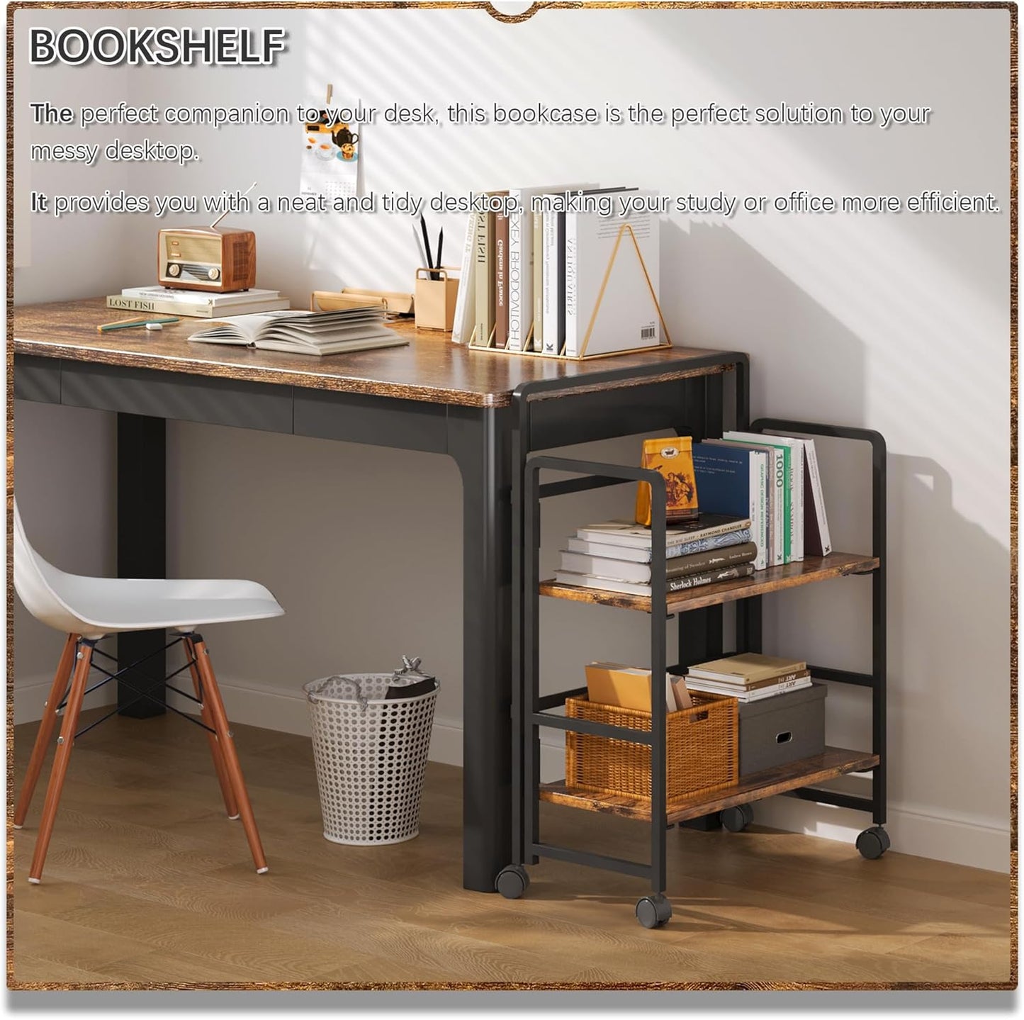 4NM 2 Tiers No-Assembly Folding Bookshelf with Wheels, Portable Rolling Storage Foldable Bookcase & Compact Side Table for Living Room, Bedroom, Kitchen, Bathroom (Rustic Brown and Black)