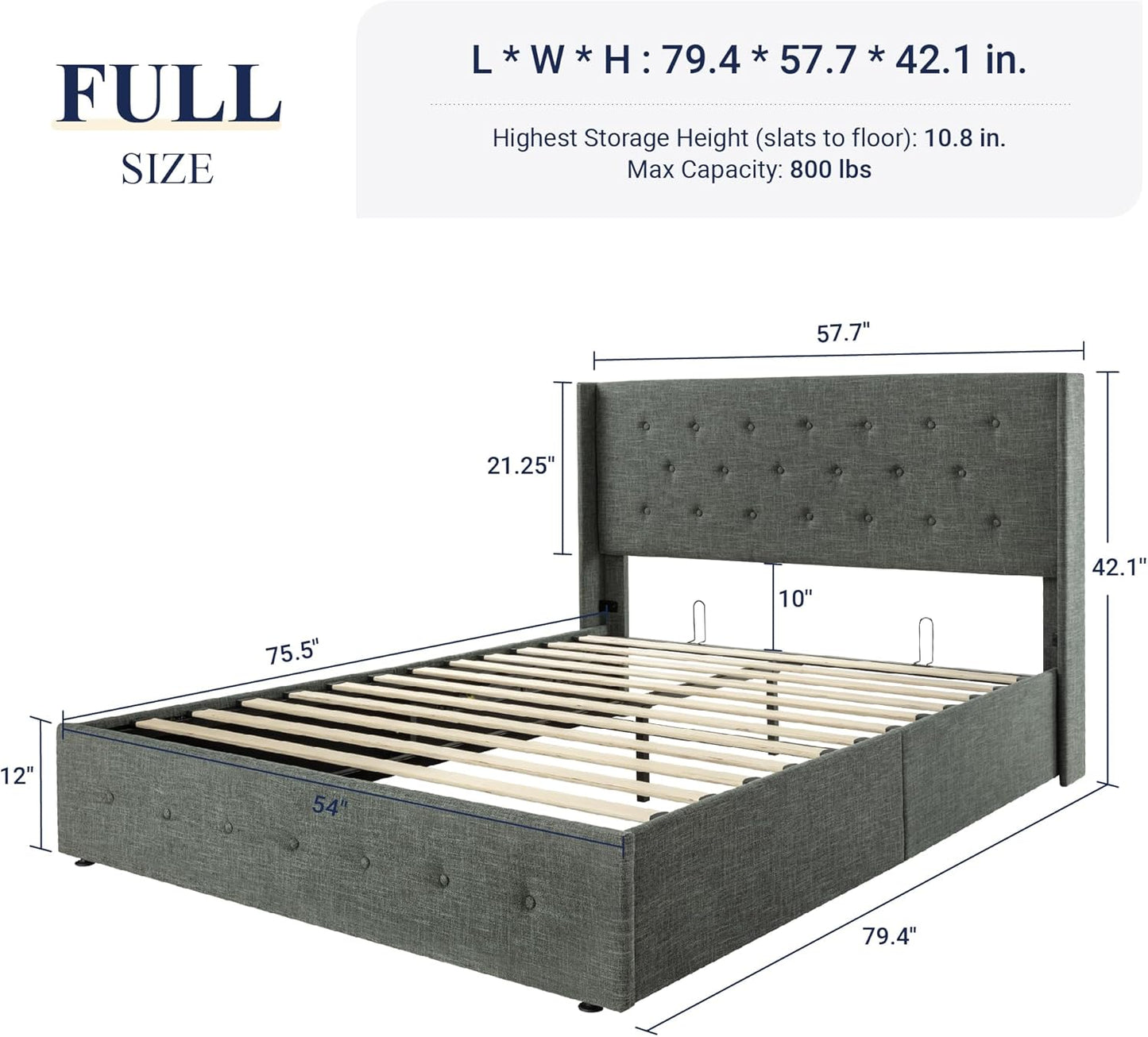 Allewie Full Size Lift Up Storage Bed, Button Tufted Headboard with Wingback, Hydraulic Support, No Box Spring Needed, Dark Grey