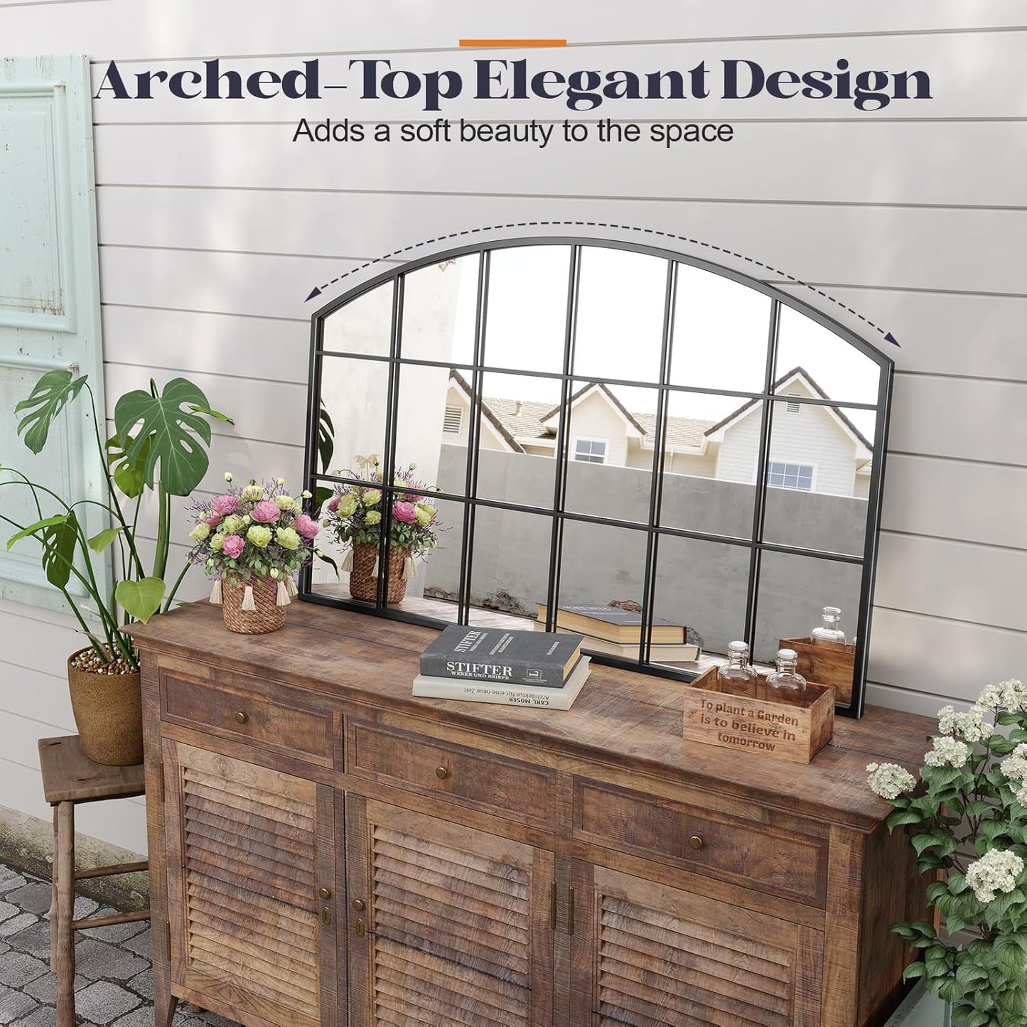 Wide Window Pane Mirror, 44" x 28" Black Arched Mirror for Wall, Grid Large Decorative Wall Mirrors for Living Room Bedroom Farmhouse Fireplace Hallway Entryway