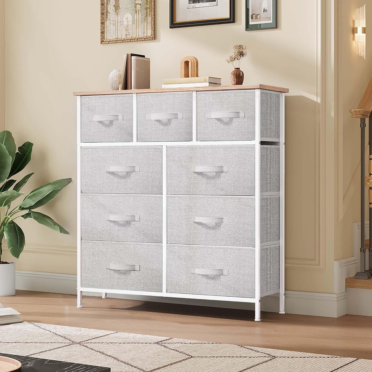 DWVO 9 Drawer Dresser, Light Gray Fabric Storage Tower, Tall Organizer Unit for Room, Living Room, Hallway, Closets - Sturdy Steel Frame, Wooden Top & Easy Pull Bins