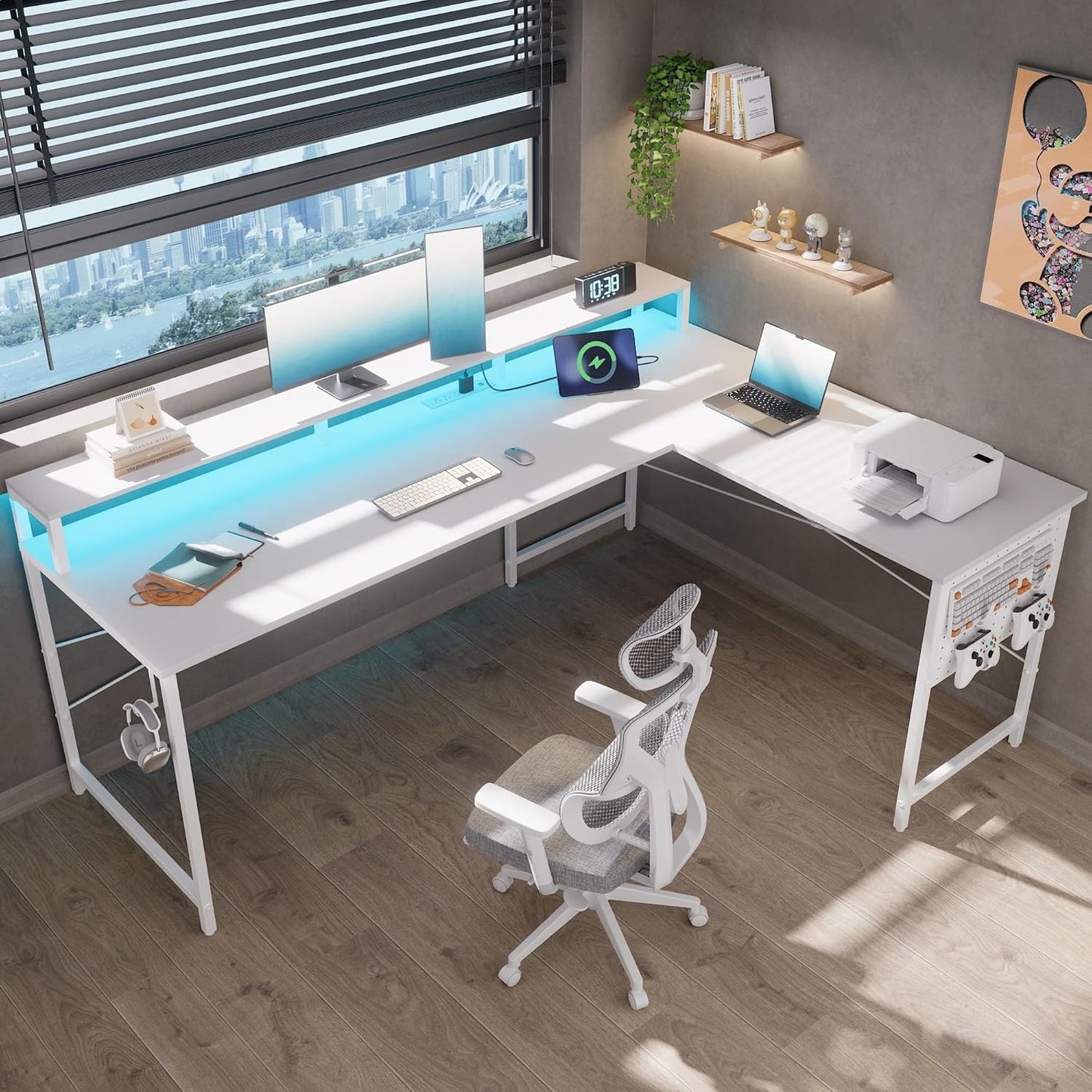 Pamray 64 Inch L Shaped Gaming Desk with Power Outlets and Led Lights, Large Corner Computer Desk with Monitor Stand and Pegboard, PC Table for Home Office and Bedroom White