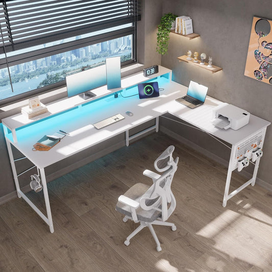 Pamray 64 Inch L Shaped Gaming Desk with Power Outlets and Led Lights, Large Corner Computer Desk with Monitor Stand and Pegboard, PC Table for Home Office and Bedroom White