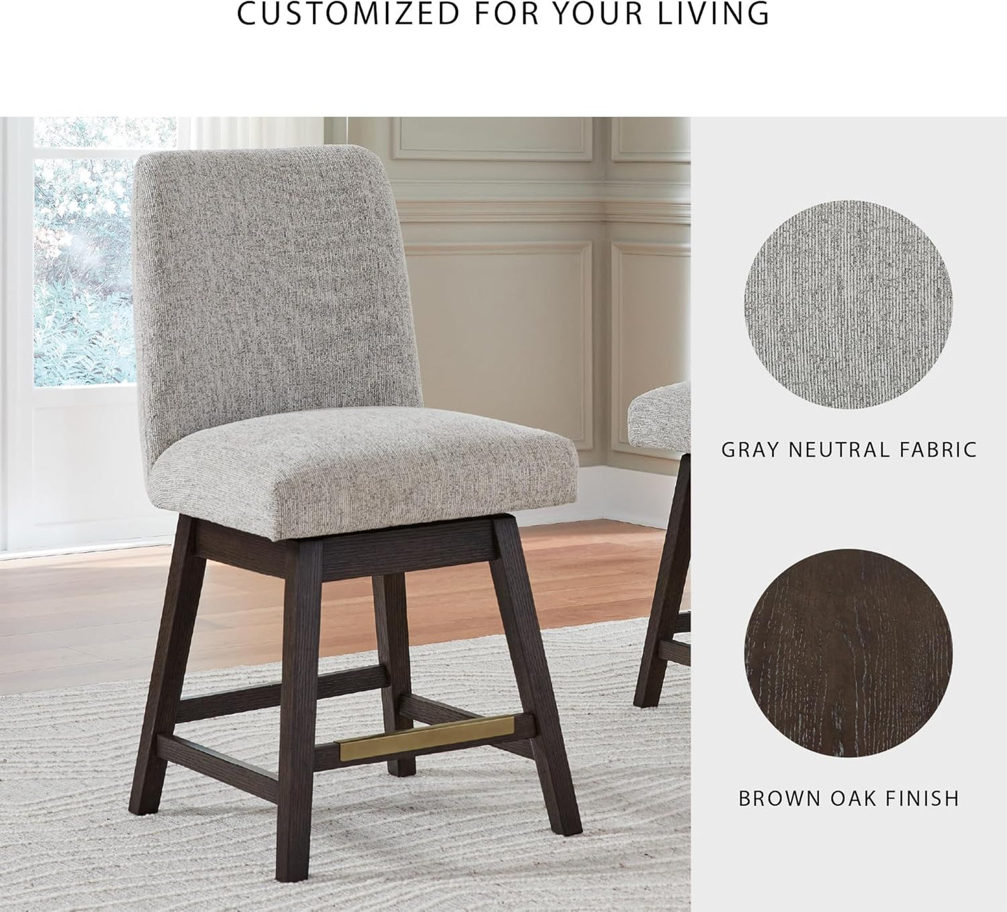 Signature Design by Ashley Burkhaus Urban Counter Height Upholstered Swivel Bar Stool with Footrest, Set of 2, Beige & Dark Brown