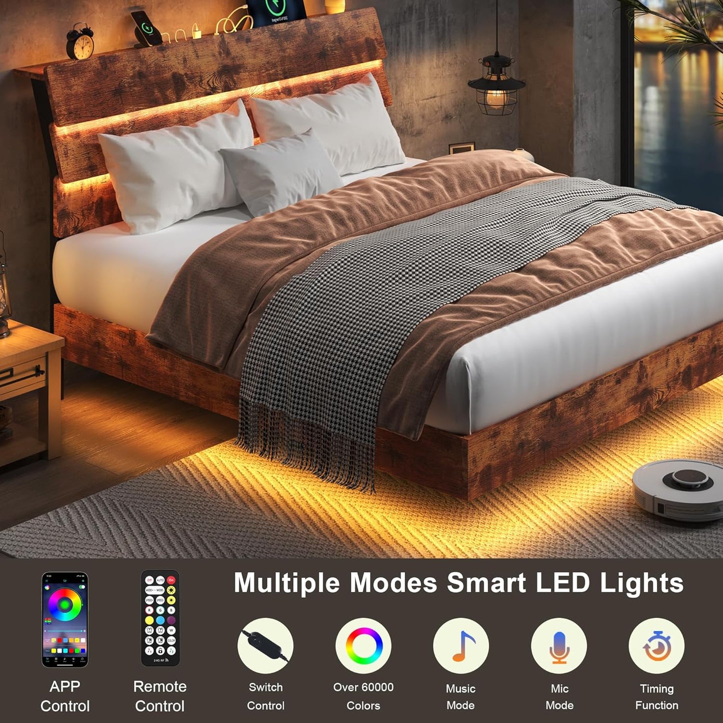 Feonase Floating Bed Frame Full with Led Lights and Charging Station, Wood Full Size Bed Frame with Storage Headboard, Heavy Duty Metal Slats, No Box Spring Needed, Easy Assembly, Vintage Brown