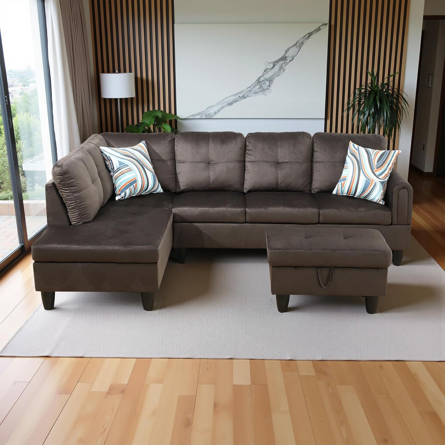 97" Oversized Sectional Couch, L Shaped Couch with Storage Ottoman, Modern Modular Sofa with Deep Seat, Sectional Couches for Living Room and Office, Dark Brown (Flannel)