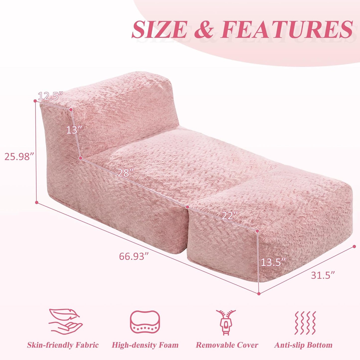 Hobestluk Bean Bag Chair Big Bean Bag Lounger for Adults Bean Bag Couch with Memory Foam Filled for Living Room, Bedroom or Balcony (Chevron Plush Pink)