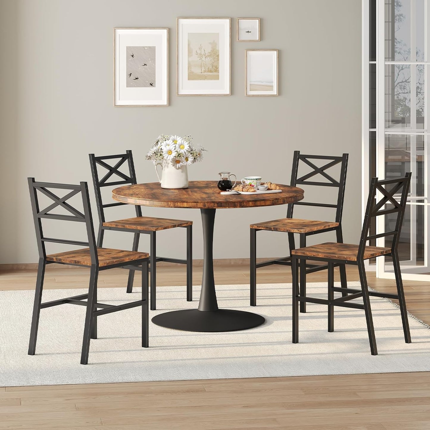 Dining Chair Set of 2, Rustic Wooden Kitchen Chairs with Backrest, Farmhouse Dining Chairs for Kitchen, Industrial Style Chair with Metal Frame, Easy Assembly, Rustic Brown TBHR1001