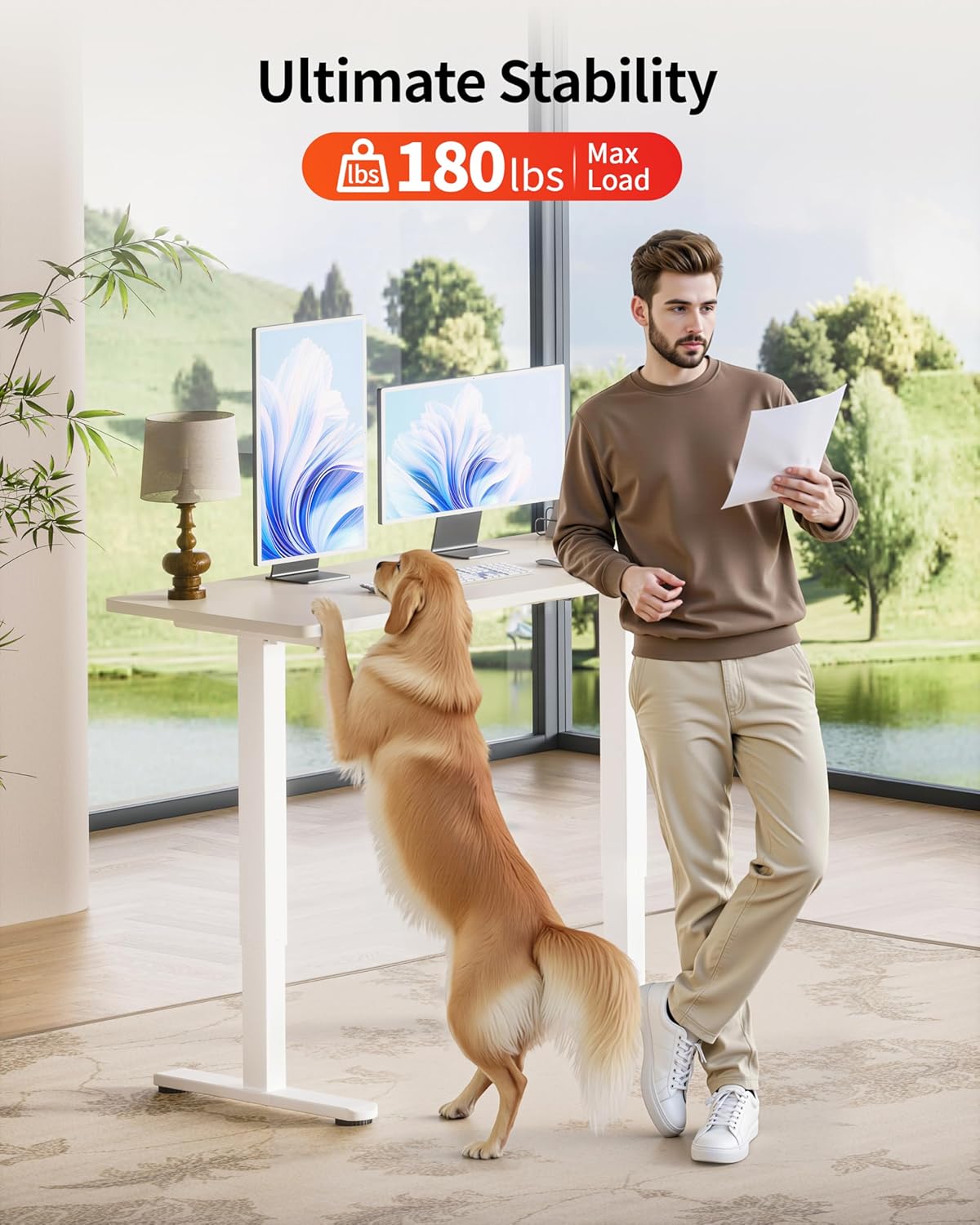 Okin Standing Desk Electric Adjustable Computer Whole Piece Stand up Desk Office Gaming Home Office Memory Desks 48x24 inches Cream Brown