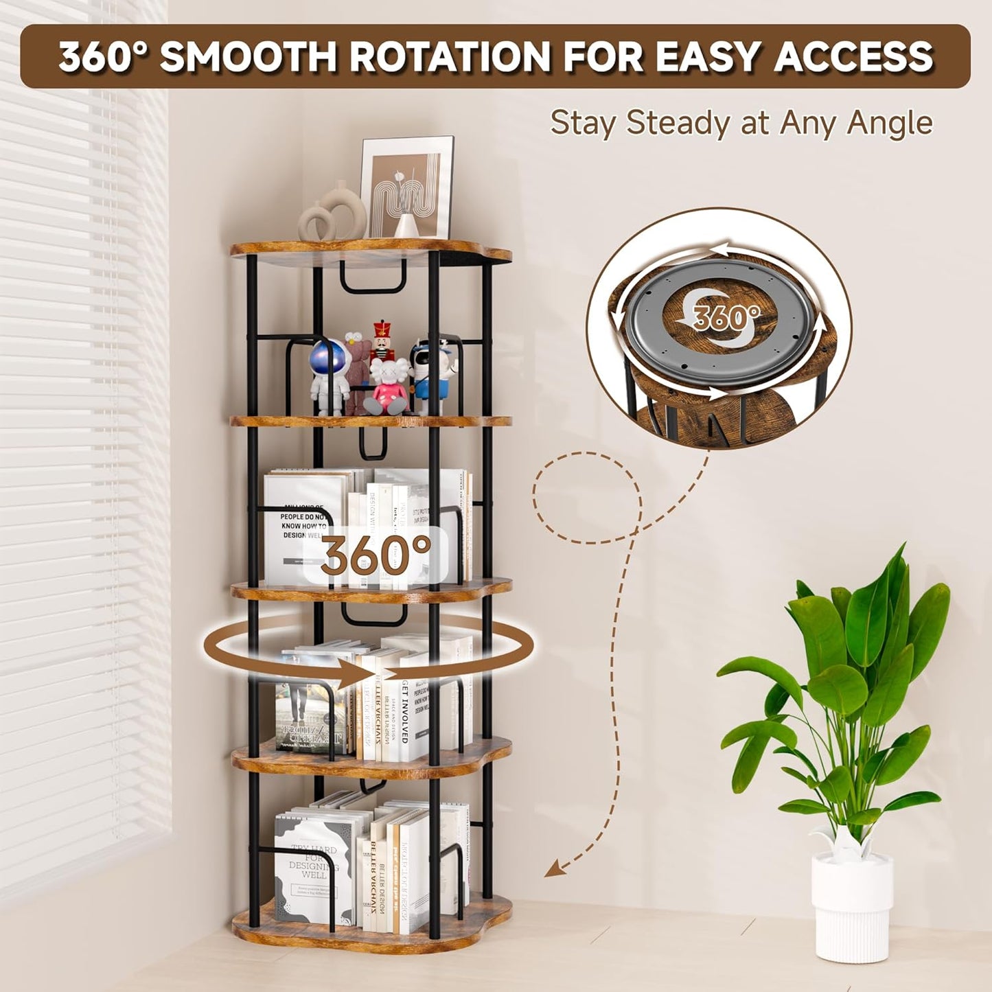 4-Tier Rotating Book Shelf, 360° Display Spinning Bookshelf Tower, Book Organizer, Floor Standing Bookcases for Small Space, Corner Book Shelf for Bedroom, Living Room, Study Room (RUSTIC BROWN)