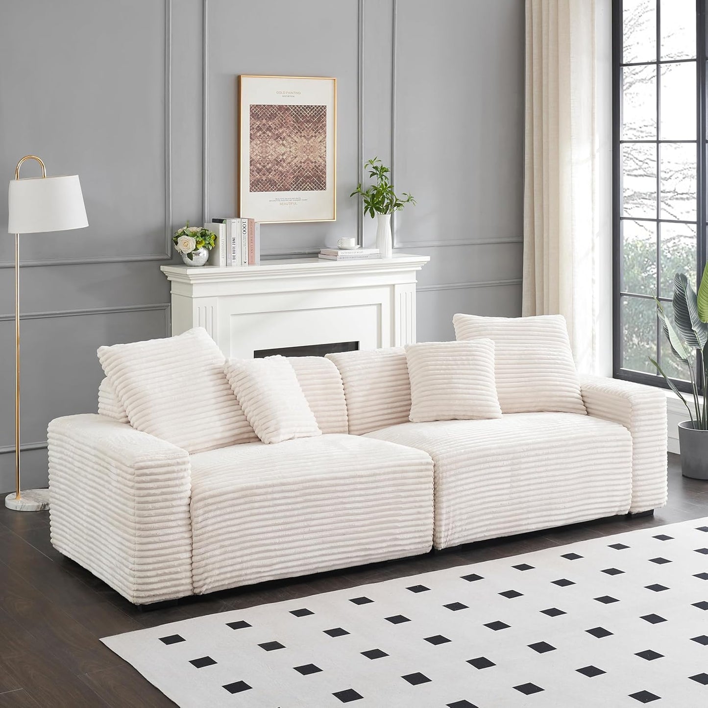 Ball & Cast 104" Modular Sectional Sofa,Cloud Sectional Couch with 4 Pillows,Loveseat Couches W/Deep Seat and Armrest,4 Seater Sectional Sofa for Living Room,Apartment,Corduroy Fabric,Beige