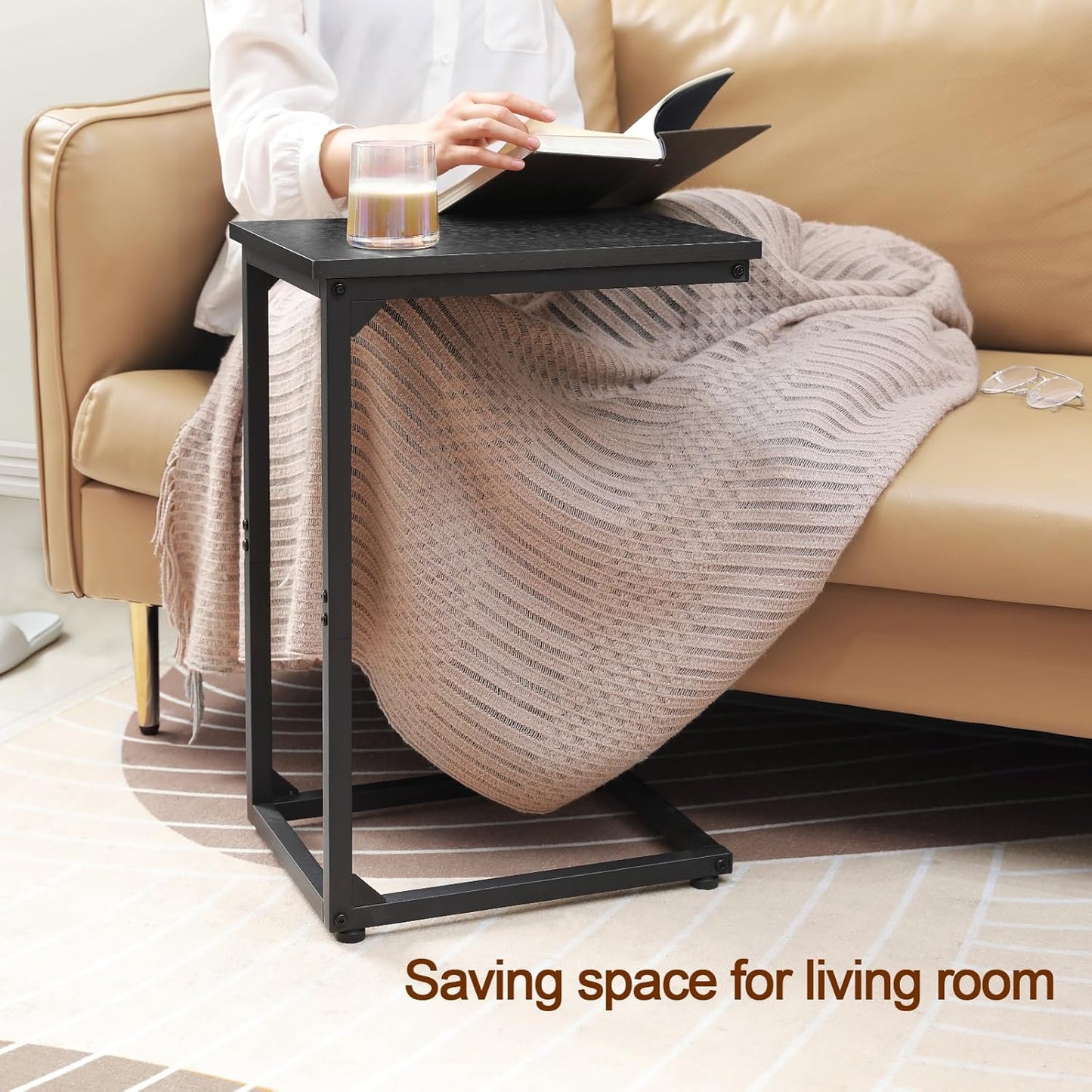 AMHANCIBLE C Shaped End Table, Couch Tables That Slide Under, TV Tray Snack Table for Sofa, Small Side Table for Couch, Small Space, Living Room, Black HET02CBK-1