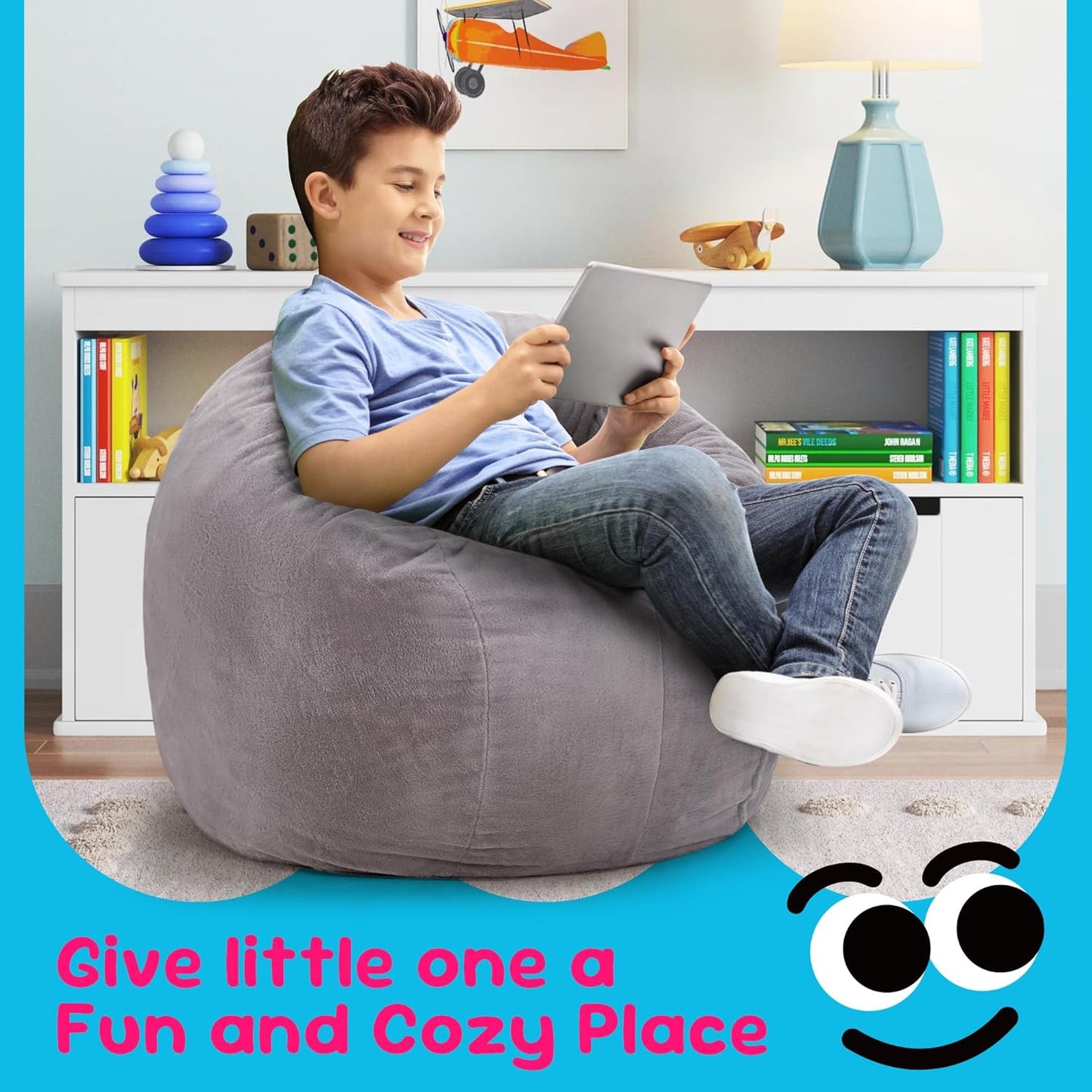 Hobestluk Bean Bag Chairs 2.5FT Bean Bag Chair with Memory Foam Filled & Plush Faux Fur Cover Small Bean Bag Chairs for Playroom, Living Room, Bedroom (Grey)