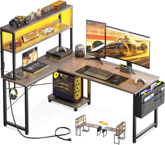 AODK L Shaped Desk Gaming Desk with LED Light & Power Outlet, 53 Inch Reversible L Shaped Computer Table with Shelf & Storage Bag & Hook for Home Office, Grey Oak