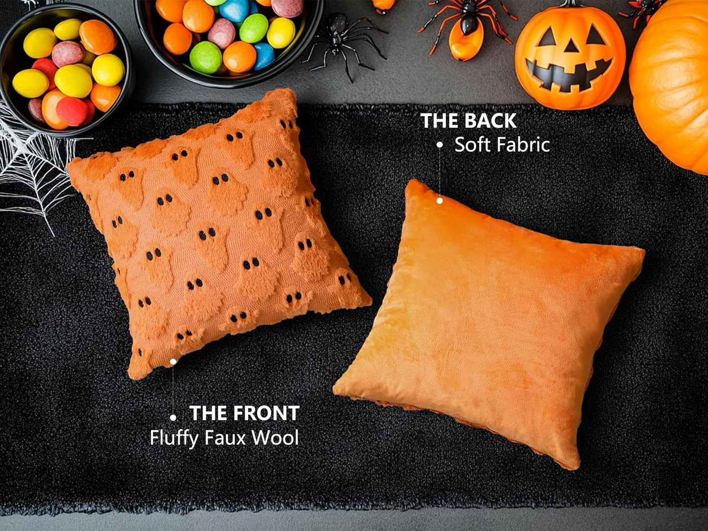 4TH Emotion Halloween Ghost Decorative Pillow Covers 16x16 Set of 2, Orange Soft Plush Faux Fur Farmhouse Throw Cushion Cases for Fall Autumn Holiday Home Decorations