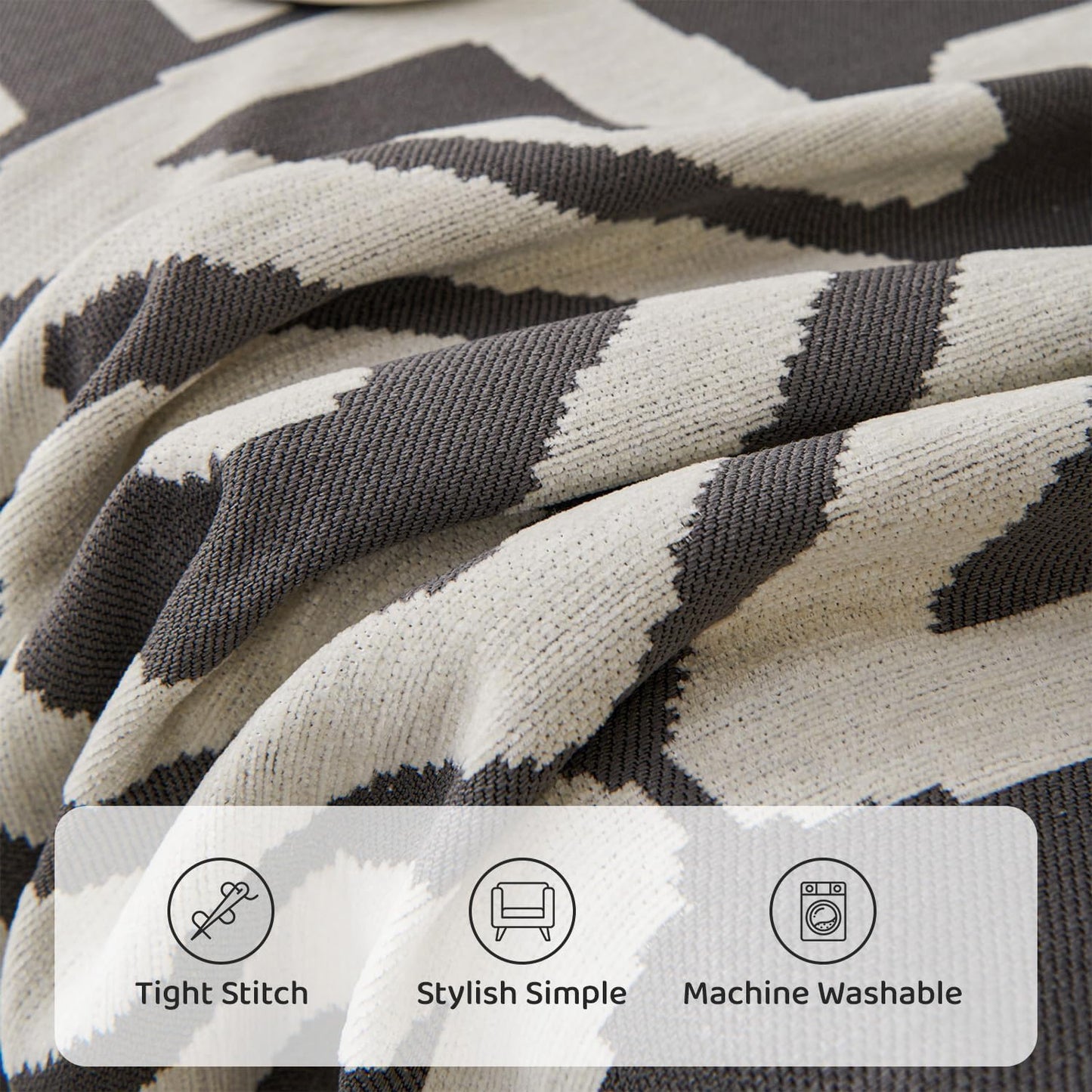 STACYPIK Boho Geometric Dark Grey Chenille Sofa Cover for Dogs - Washable Armchair Slipcover for Living Room, Sectional, 2 Cushion Couch - Jacquard Decor 71x102IN