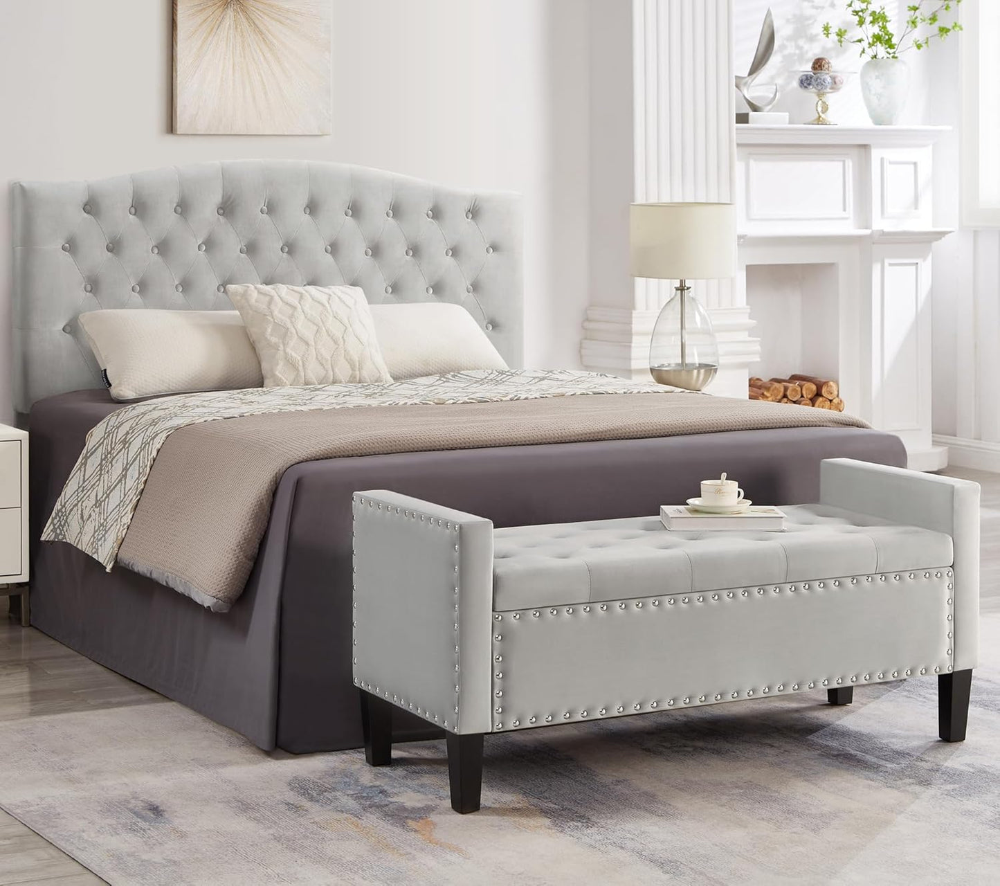 Velvet Storage Ottoman with Armrests and Nails Trim,Entryway Living Room Soft Padded Seat,Bed Bench Bedroom End of Bed,Gray(48”L X 18.5” W X 22” H)