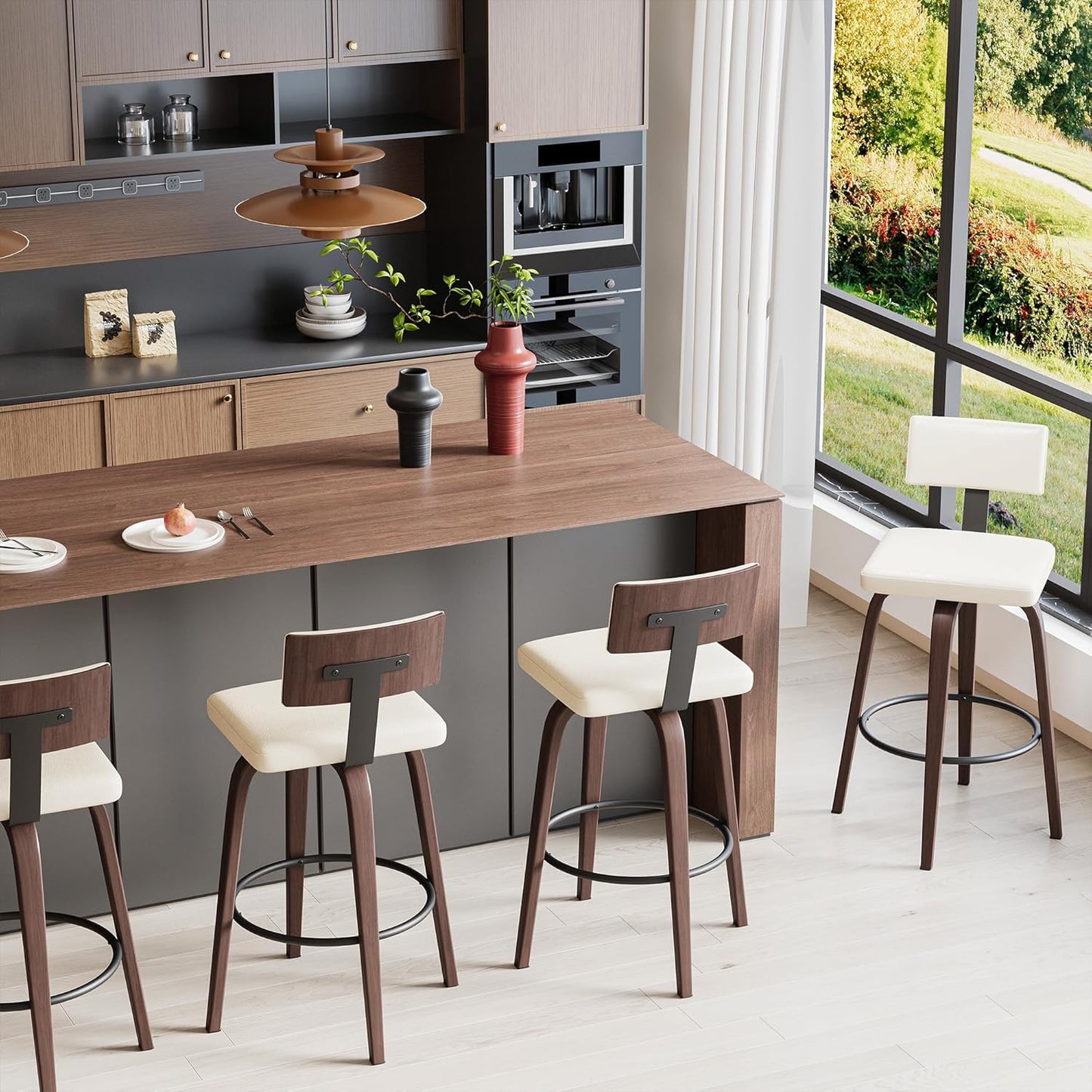 IRONCK Counter Height Bar Stools Set of 2, 29'' Faux Leather Upholstered Barstools with Back, Footrest, Wood Texture Bent Legs, Mid-Century Modern 360° Swivel Bar Stools for Kitchen Island, White