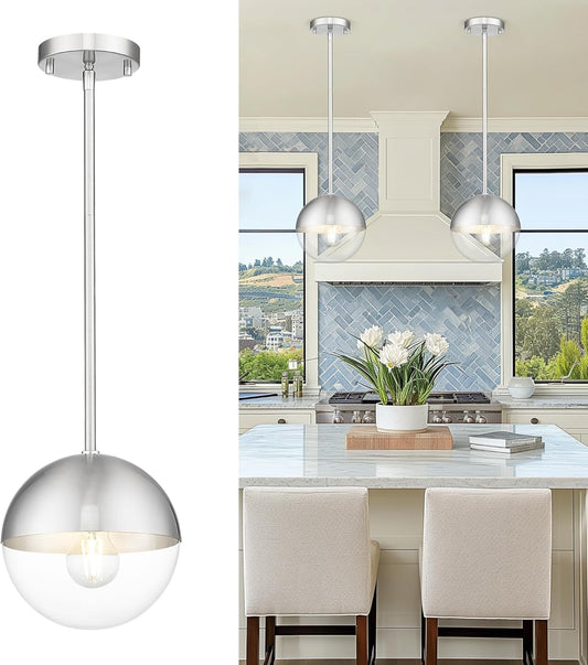 LMS Modern 1-Light Pendant Light Fixtures, Brushed Nickel Kitchen Island Pendant Light Fixtures with Clear Globe Glass, Adjustable Hanging Rod Ceiling Light for Dining Room Bathroom, LMS-186BNC