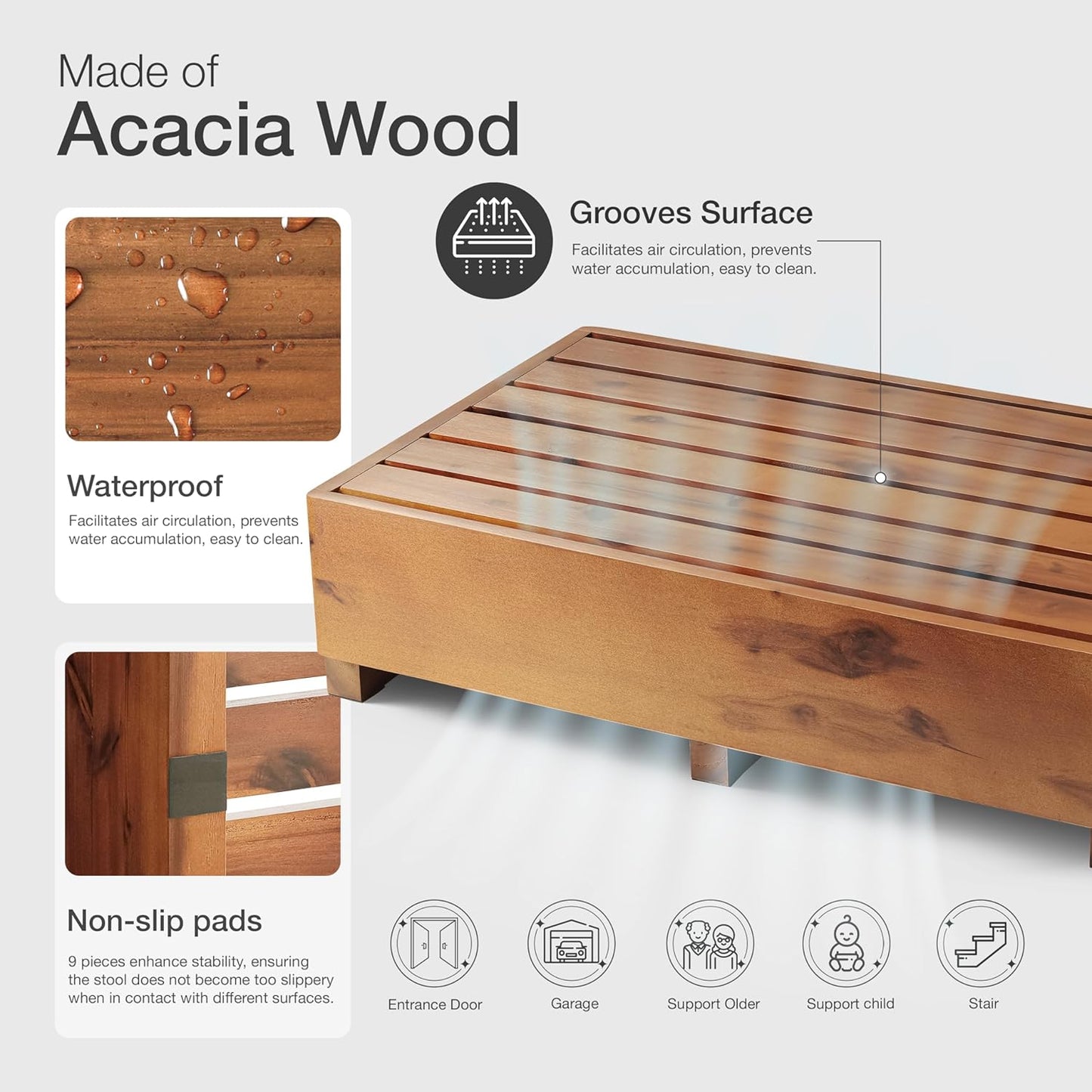 TINAMO 6.5" One Step Stool for Elderly, Acacia Wood High Riser Step Stool for Bed - 550 Lbs Wooden Mobility Stepping Stools for Adults, Kids/Bedside, Bathroom, Kitchen, Garden (Acacia, 6.5" Height)