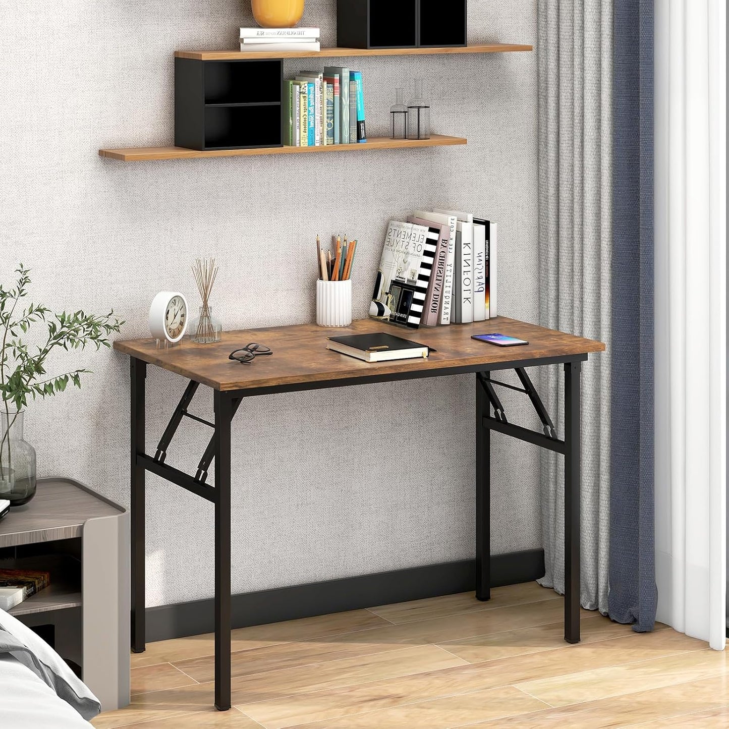 Need Folding Desk for Home Office 39-3/8 inch Length Modern Folding Table Computer Desk No Install Needed Rustic Brown Desktop Black Frame AC5FB(100 * 60)