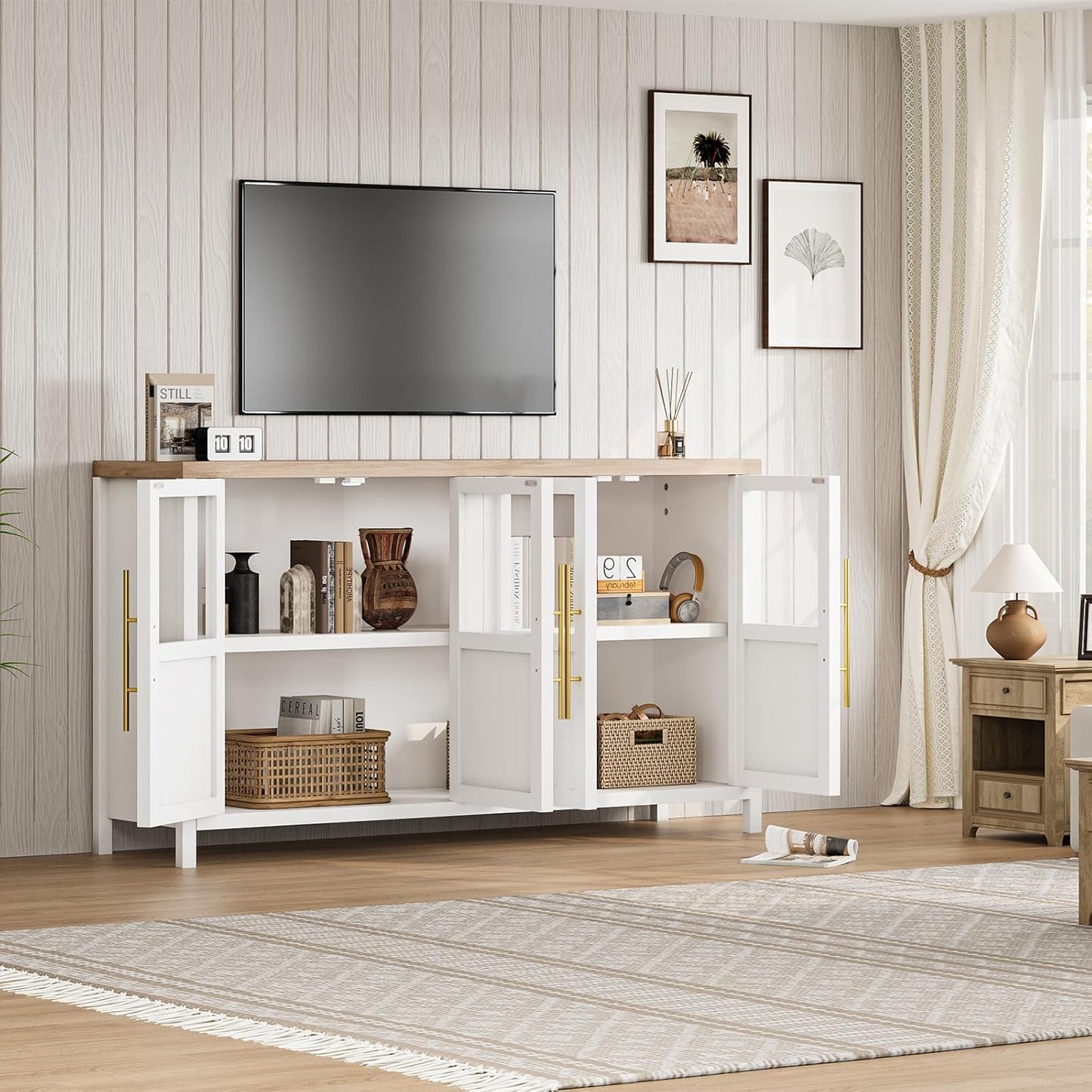 GarveeHome Sideboard Buffet Cabinet with 4 Glass Doors, 55" Buffet Table Coffee Bar Wine Bar Display Cabinet for Kitchen Dining Room, Living Room (White, Glass with 4 Doors)