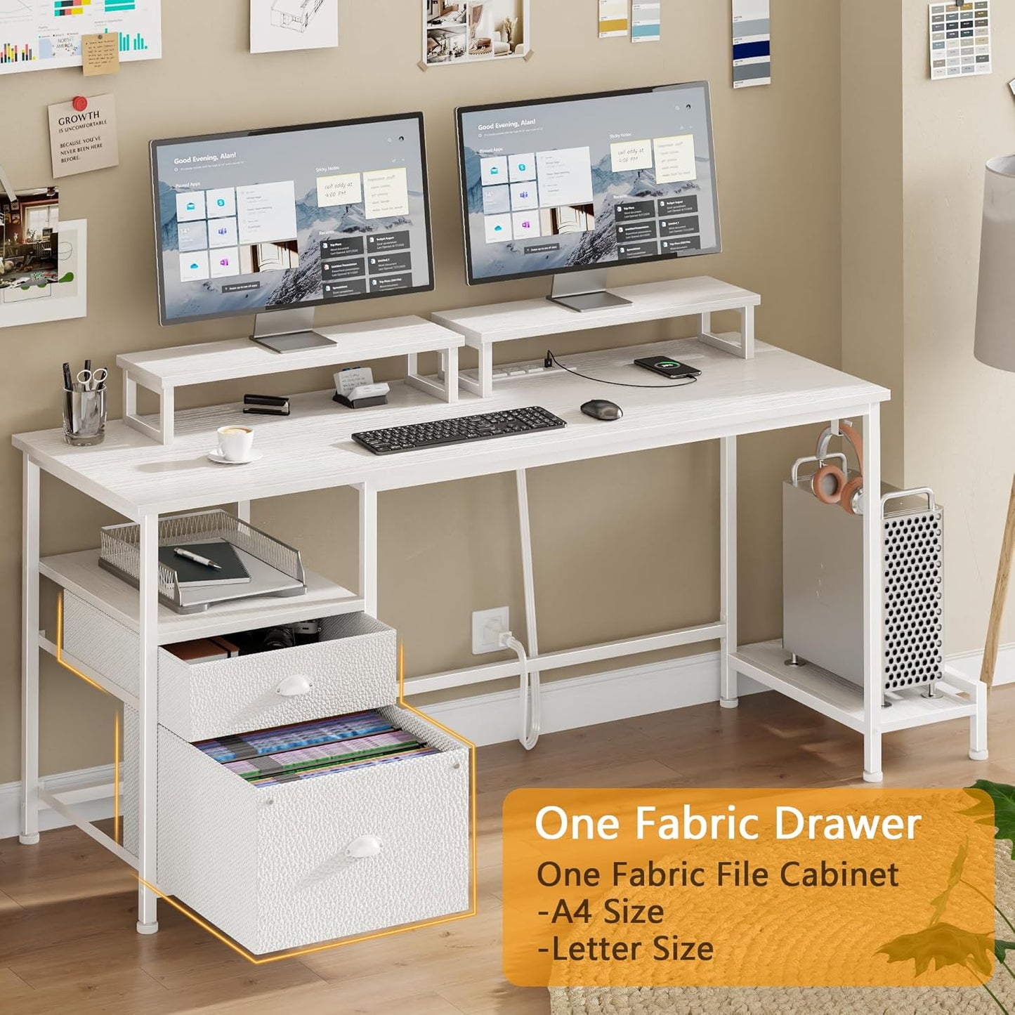 Furologee 55" Computer Desk with File Cabinet and Power Outlets, Home Office Desk with 2 Monitor Stands and Storage Drawer, Writing Gaming Table with Shelves and 2 Hooks for Bedroom, White